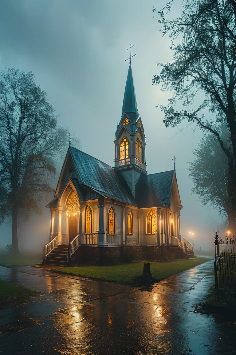 Visualize various styles of small victorian style churches,  temples,  and holy places seen from the outdoors. Set the sce...