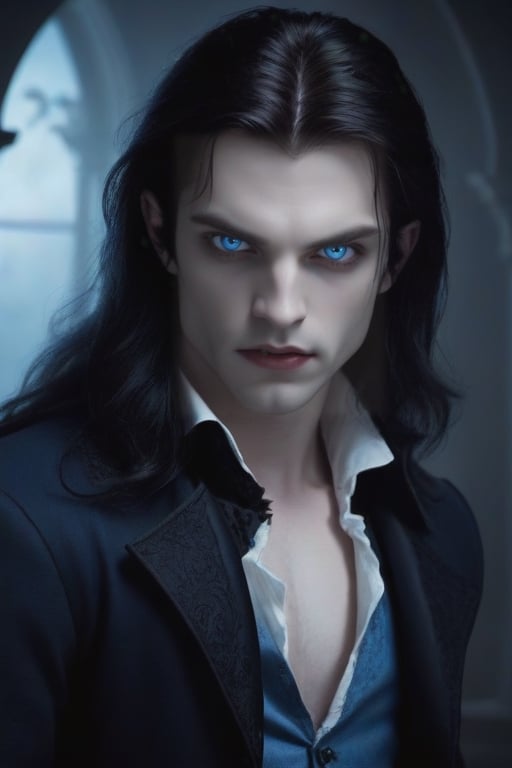 vampire, beautiful, dark hair, blue eyes, young adult, 