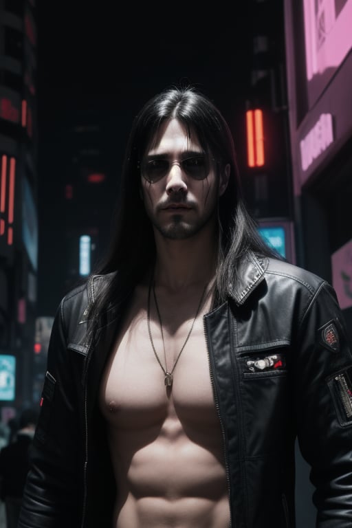 Adult man, long hair,  cyberpunk horror