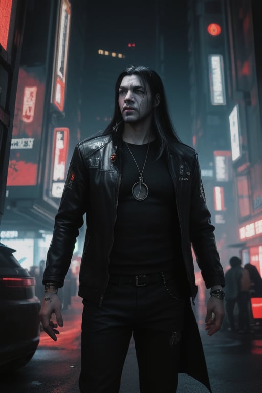 Adult man, long hair,  cyberpunk horror