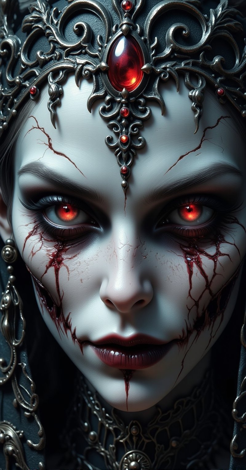 A close-up portrait of a powerful and eerie lich sorceress. Her pale,  porcelain-like skin is unnaturally smooth,  but fin...