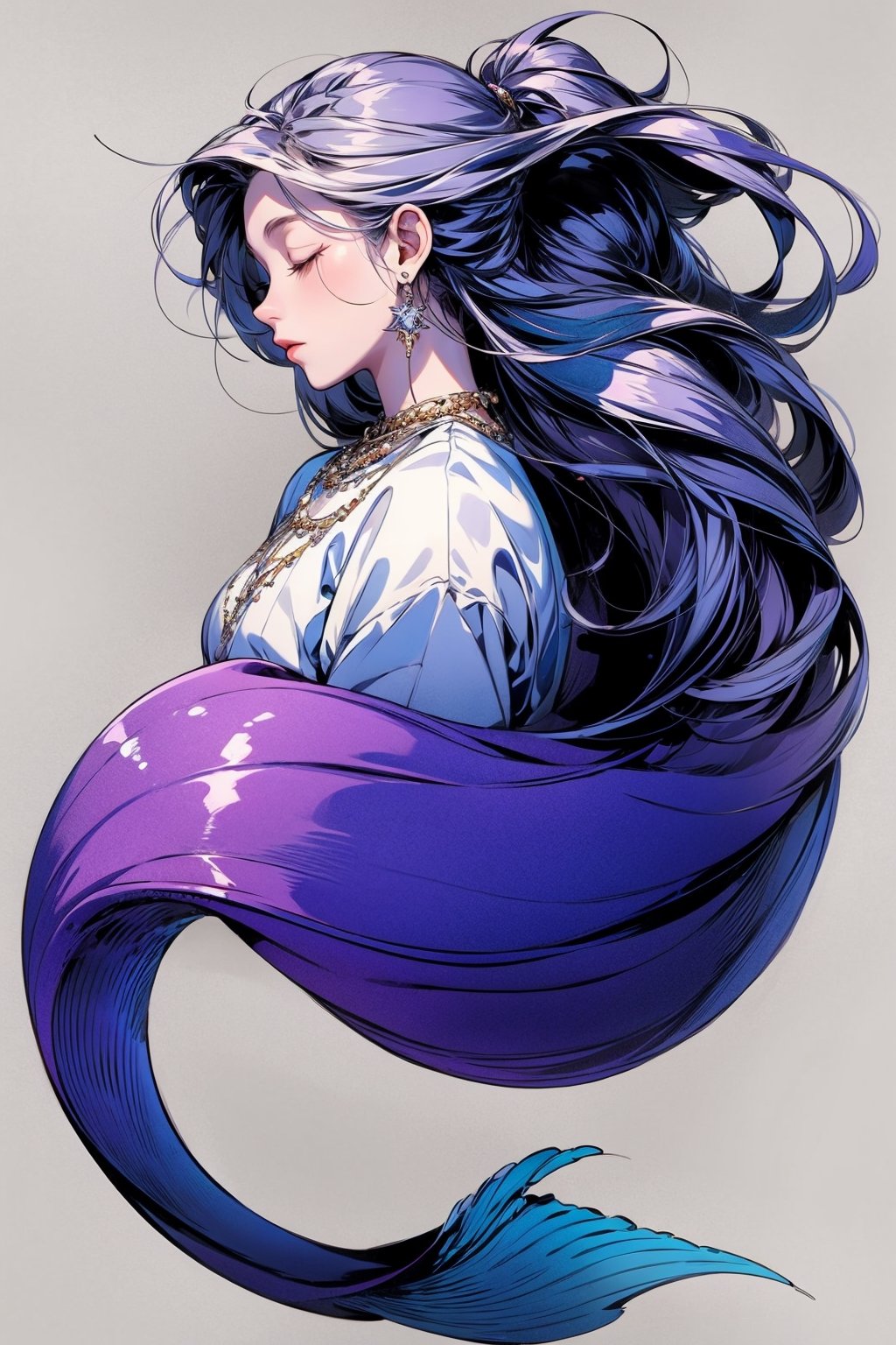 1girl, solo, long hair, simple background, jewelry, very long hair, full body, closed eyes, purple hair, earrings, grey background, profile, floating hair, watermark, own hands together, monster girl, mermaid