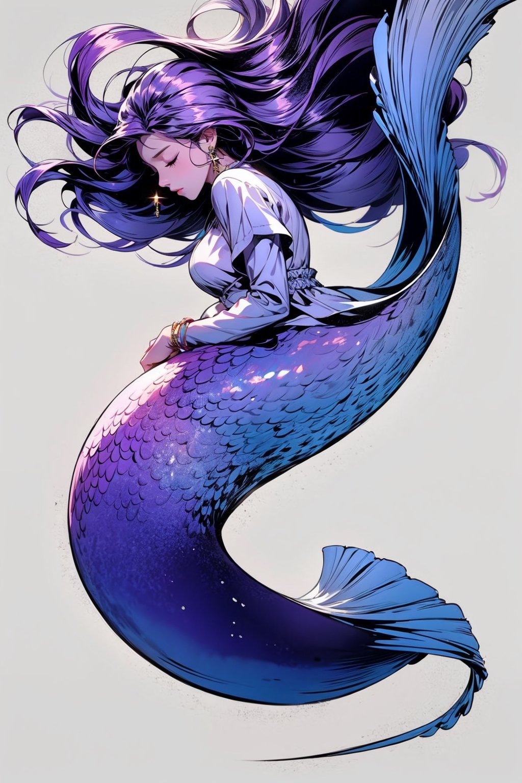 1girl, solo, long hair, simple background, jewelry, very long hair, full body, closed eyes, purple hair, earrings, grey background, profile, floating hair, watermark, own hands together, monster girl, mermaid