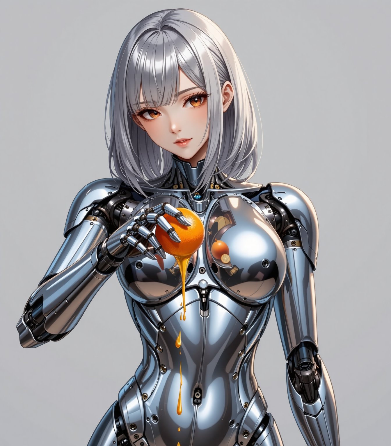 solo woman mechanized crushes the mandarin (Citrus unshiu) with left hand and squeezes the juice. The juice is dripping fr...
