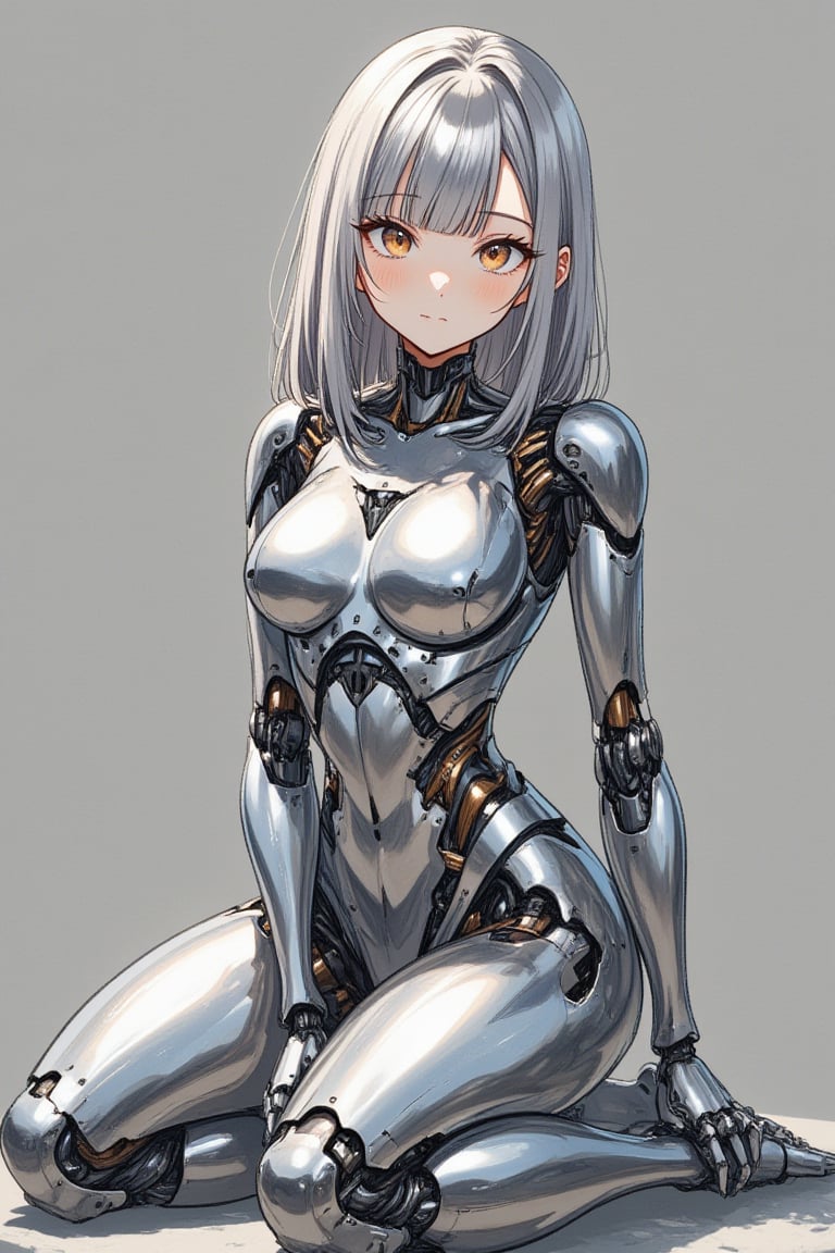 full body,1girl is 160cm tall.sitting on the ground,glad,looking at viewer,glossy dark-brown eyes.straight hair.shoulder-length metallic silver hair.see-through diagonal bangs,mirror-polished metallic silver body reflecting surroundings realistically.her glossy body is glistening and exposing its mechanical internal structure,extremely mechanical joints,\mechako\