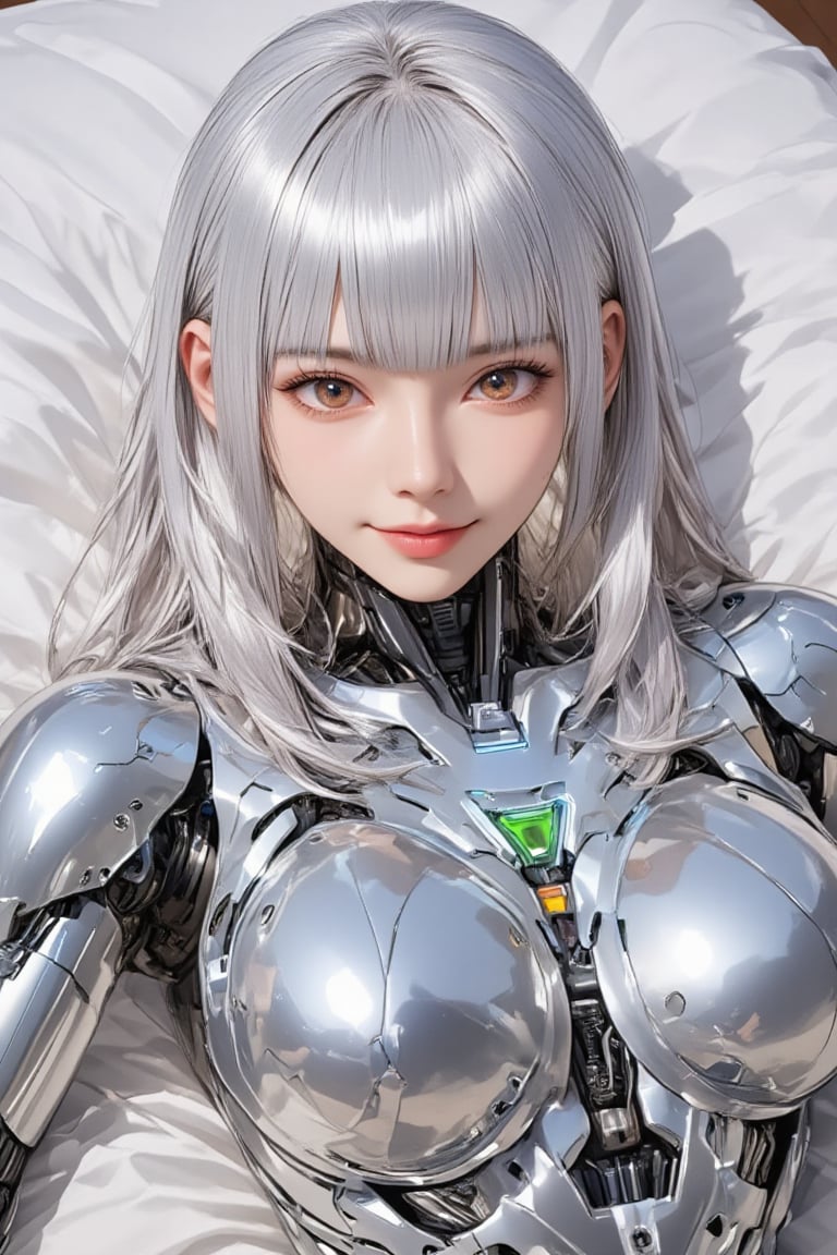 A female android. Do not trim her head. 

Angle: from above.long shot.
female android:shoulder-length smooth metallic silver hair with diagonal bangs,brown eyes.mirror-polished vibrant holographic silver mechanical parts reflect the viewer with camera.enhanced mechanical joints.
Posing: smile.arms spread. She is lying on her back on the bed, deflated.
Style: photorealistic body,clean lines.
Background: bed sheets.
Outfit : none

\mechako\,noc-detail,SuchDetail,SuchKGirl,2.5D,hyper realistic