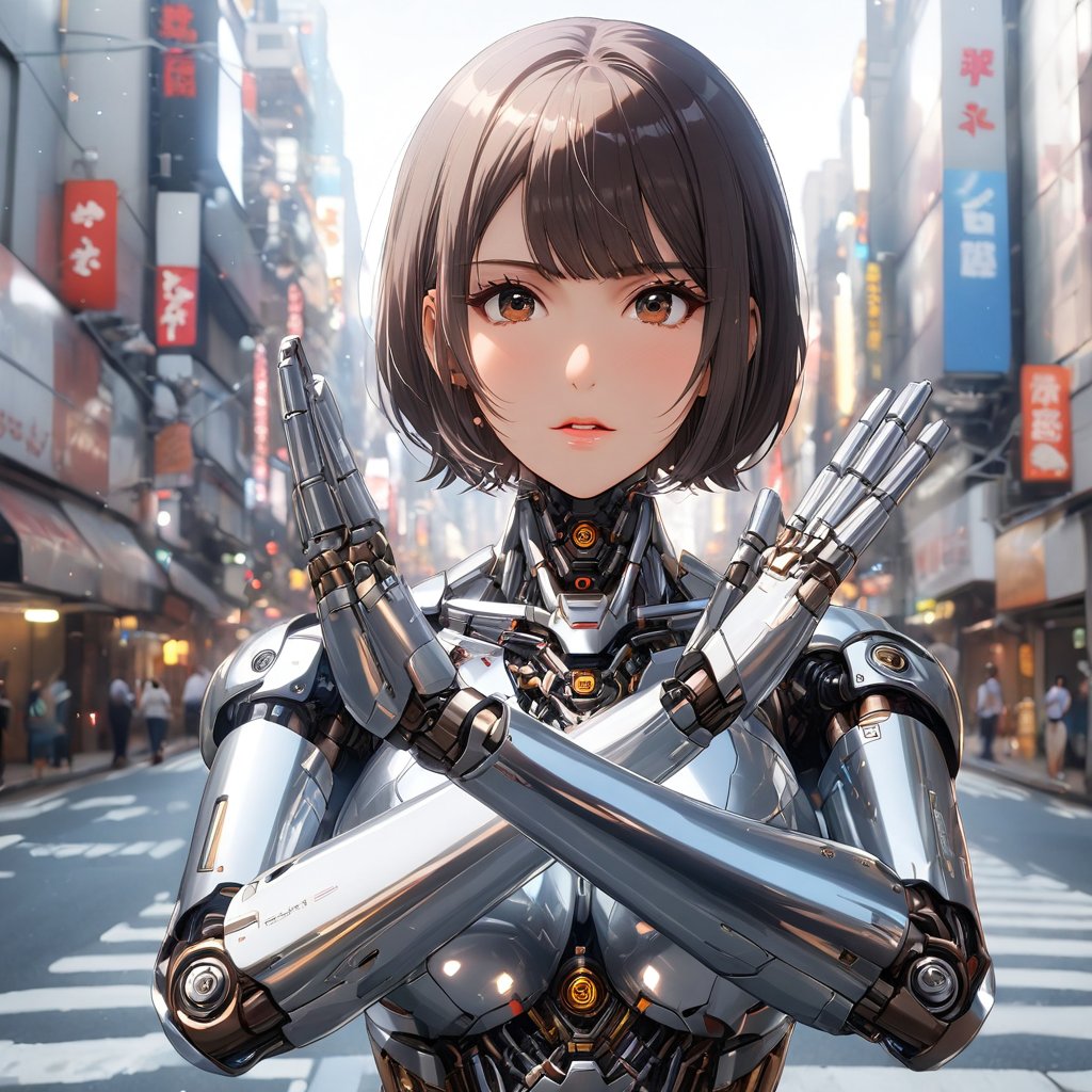 upper body,a curvy female mechanized,25yo,gesturing no,glossy dark-brown eyes,medium length metallic silver hair,mirror-polished metallic silver body reflecting her surroundings realistically and glittering with metallic luster, extremely mechanical joints,she exposes its mechanical internal structure,Akihabara street background,