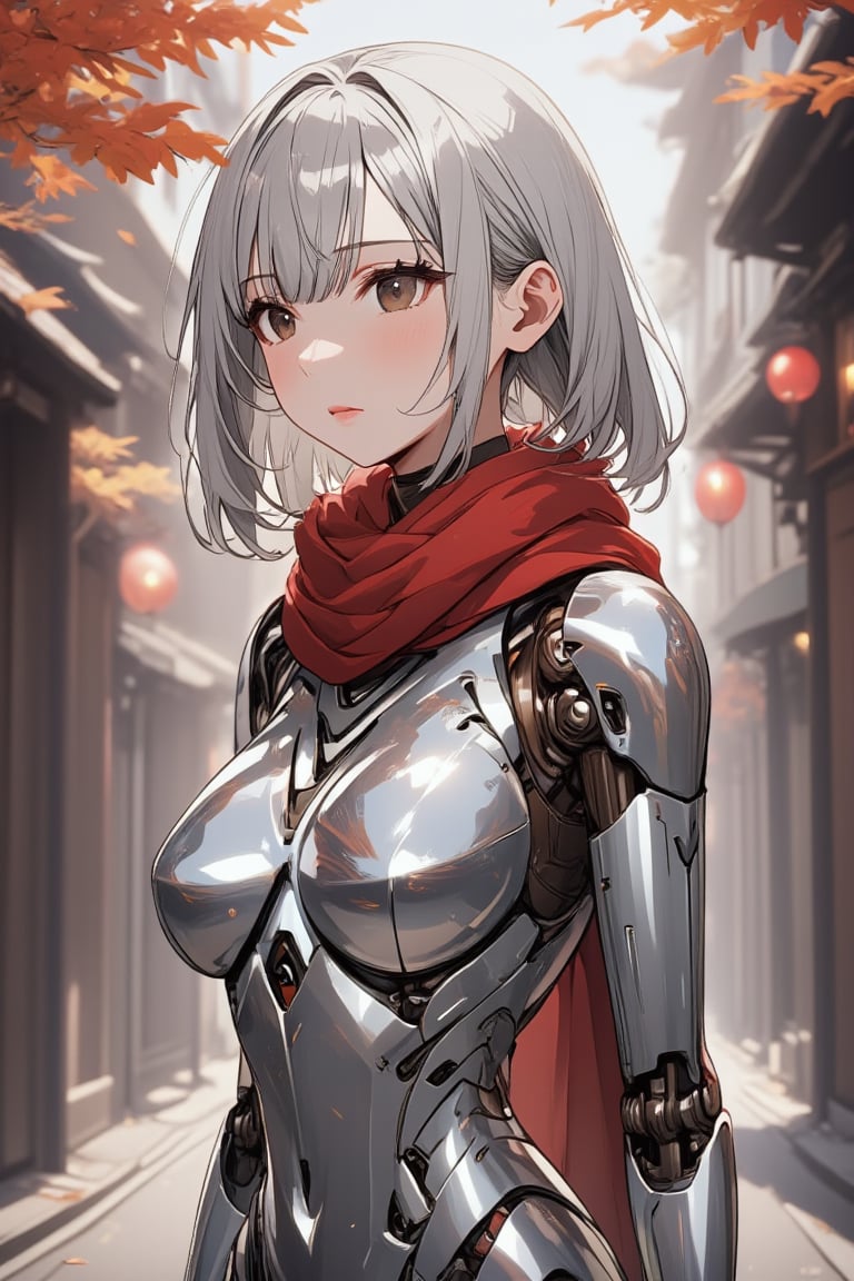 side shot and long shot of a mechanized female wears a red scarf around her neck,looking up away. shoulder-length smooth metallic silver hair with diagonal bangs.dark brown eyes.her body has mirror-polished metallic luster and reflection of surrounding with glittering.rouge on her lip.autumn backstreet background blurred.,\mechako\