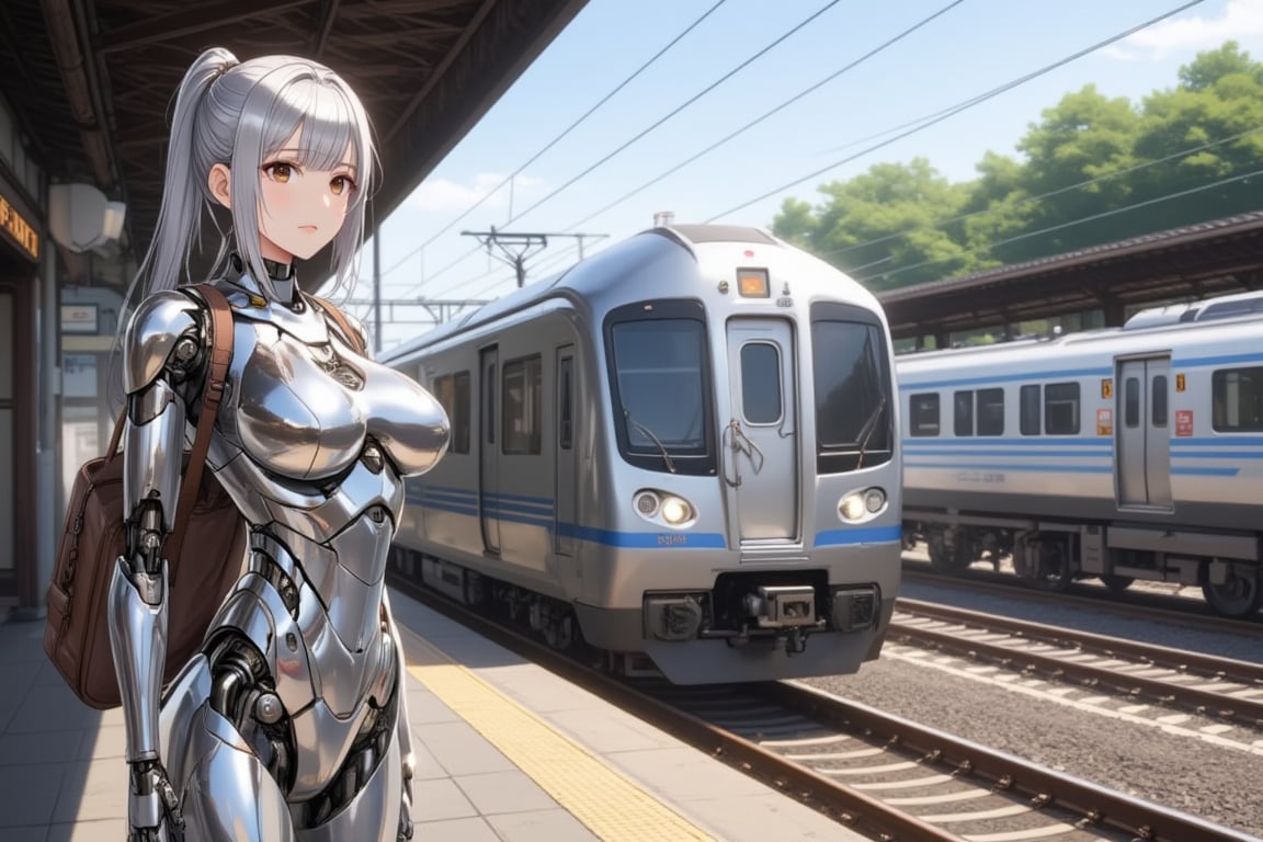  an android girl is waiting train at the platform in countryside station. A local train is approaching.sunny.

Trains: Japanese National Railways.stainless-steel train on indigo stripes,2 headlights,a through door at the front of the train. The width of the track is 1067 mm. Platform height is the same height as train doors. The width of the train body is 2900mm.

android girl:shoulder-length ponytail metallic silver hair with diagonal bangs,glossy brown eyes,mechanical joints,mirror-polished metallic silver body with reflection of surrounding objects,
Style: anime face,photorealistic body,highly detailed,clean lines,. 
Background: station,
Accessory: travel bag on her shoulder.,
Overall impression: stylish fusion of traditional Asian slender aesthetics.,

\mechako\,noc-detail