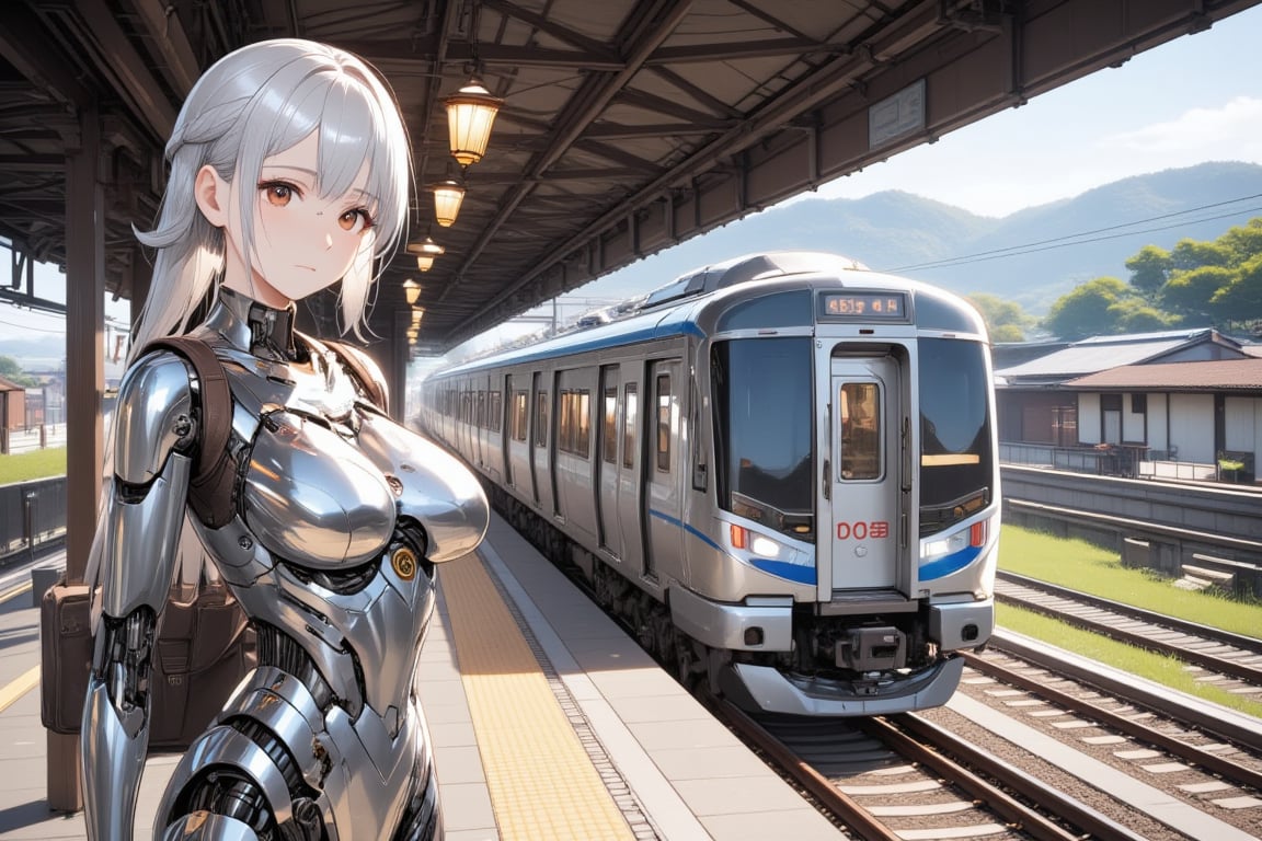  an android girl is standing on the platform in countryside station. Platform height is the same height as train doors. A local train is stopping.sunny.

Trains: Japanese National Railways.stainless-steel train on indigo stripes,2 headlights,a through door at the front of the train. The width of the track is 1067 mm. The width of the train body is 2900mm.

android girl:shoulder-length ponytail metallic silver hair with diagonal bangs,glossy brown eyes,mechanical joints,mirror-polished metallic silver body with reflection of surrounding objects,
Style: anime face,photorealistic body,highly detailed,clean lines,. 
Background: station,
Accessory: travel bag on her shoulder.,
Overall impression: stylish fusion of traditional Asian slender aesthetics.,

\mechako\,noc-detail