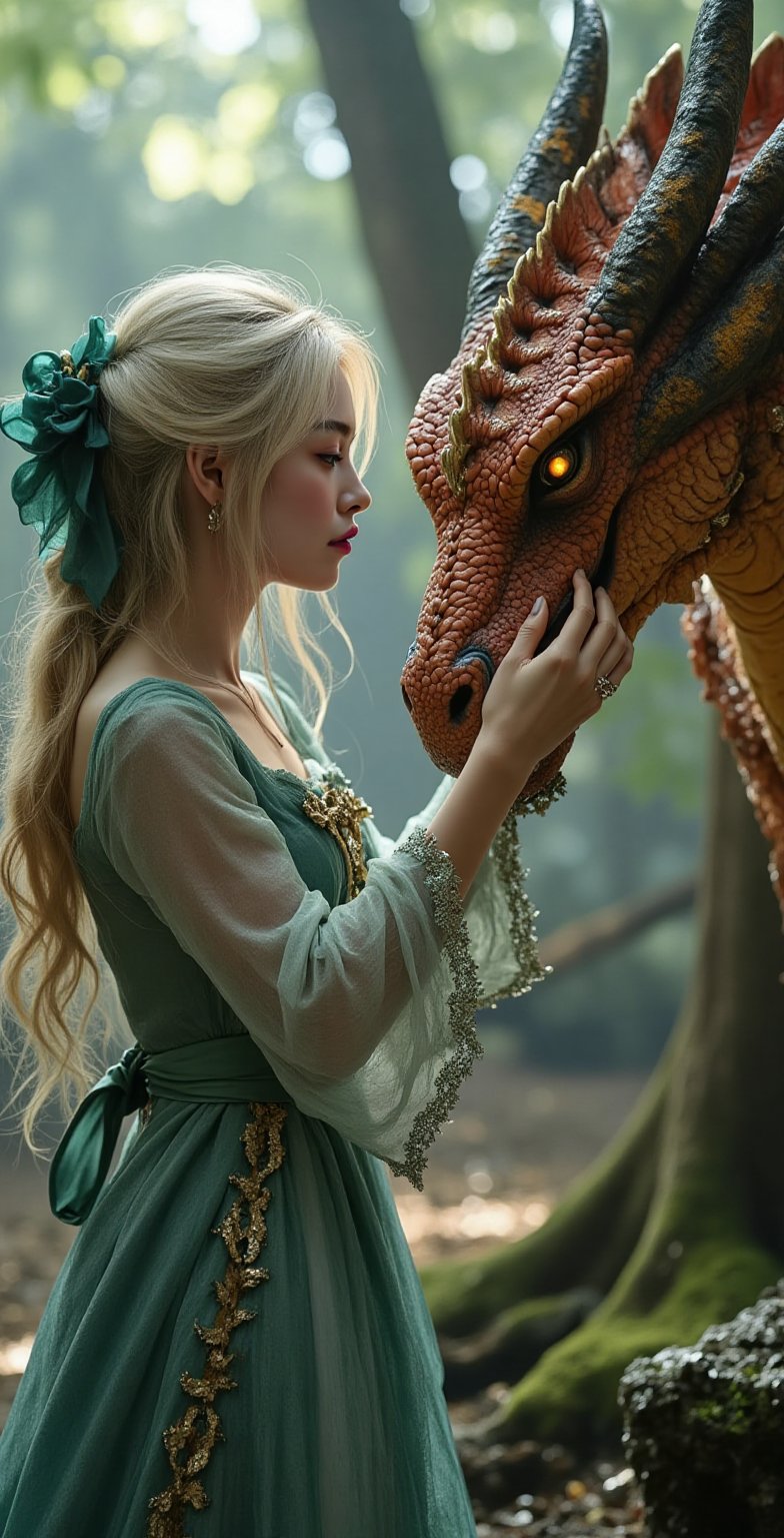 A close-up fantasy photograph captures an intimate moment between a woman and a dragon in a mystical forest setting. The woman, shown in profile view from the left, has long, wavy platinum blonde hair cascading down her back and shoulders ,adorned with a emerald green floral bow, wearing dressed in a semi-transparent, long-sleeved dress in a soft cyan hue with delicate lace trim around the cuffs and subtle vertical pleats along the sleeves, elaborate gold, silver, embroidery creating a flowing, ethereal effect ,Her hand is gently touch the dragon's face, The dragon, positioned on the right, has a highly detailed scaly texture with varying shades of crimson and dark peach. Its head is tilted towards the woman gently touch her forehead, with its eyes glowing amber yellow, creating a mystical connection. The dragon's face is stern and fierce, with prominent scales and a rugged texture ,The background consists of a blurred, ethereal forest with soft, dappled light filtering through the trees, creating a dreamy, otherworldly atmosphere. The lighting is soft and diffused, emphasizing the intimate moment between the woman and the dragon while casting gentle shadows. The overall color palette includes dark peach, pale blonde, emerald green, amber yellow, and charcoal gray, contributing to the enchanting and mystical mood of the scene. The composition focuses on the interaction between the characters, creating a powerful and magical connection that draws the viewer's attention to their shared sad moment,  illustr3alFlux,ILLUSTRANIME,REALNIME