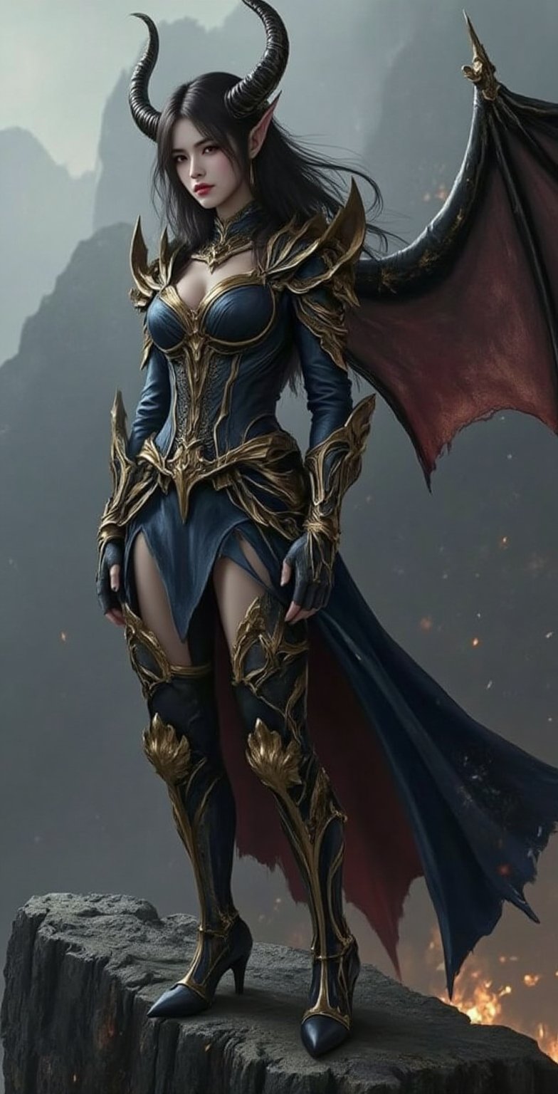 Realistic portrait 4k female demon with intricately textured wings and horns. Her leather armor shines under soft lighting, while she stands on a cliff surrounded by mist and faint magical particles."