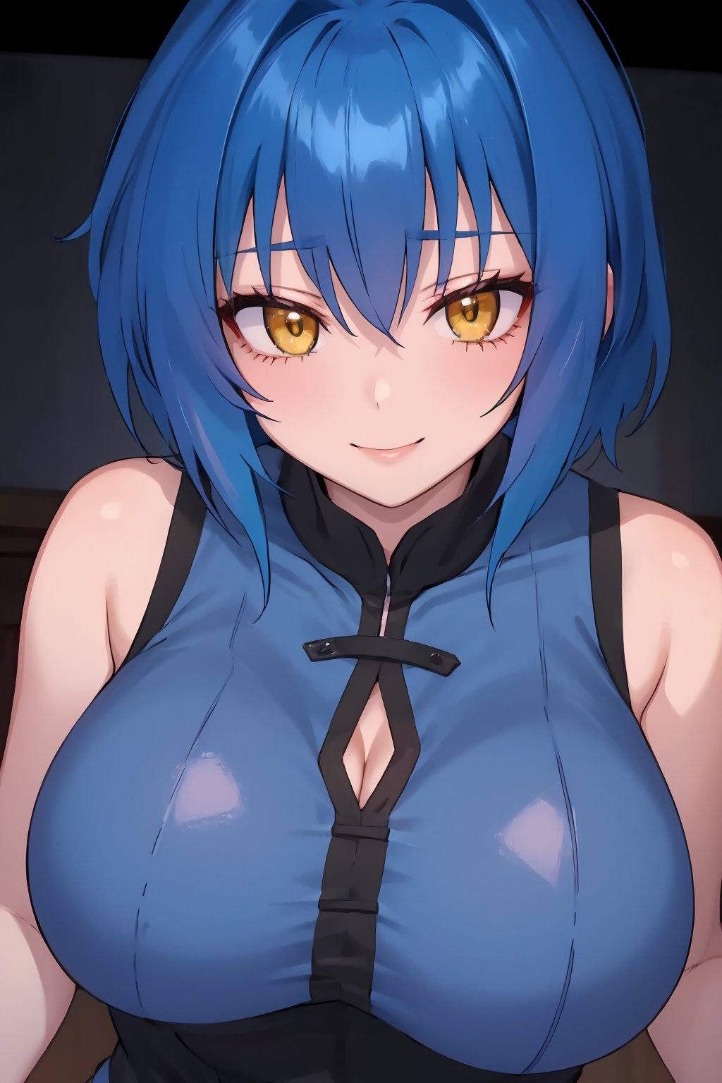 
Highly detailed.High Quality.Masterpiece. Beaitiful (close-up).

Young woman, 25 years old,tall, Similar to Xenovia, light skin and good physical condition. She has big chest. Her hair is bright blue, and short. She has big yellow eyes. She is wearing a blue sleeveless qipao shirt. She is alone but with a slight simile in her face,  in a dark room.