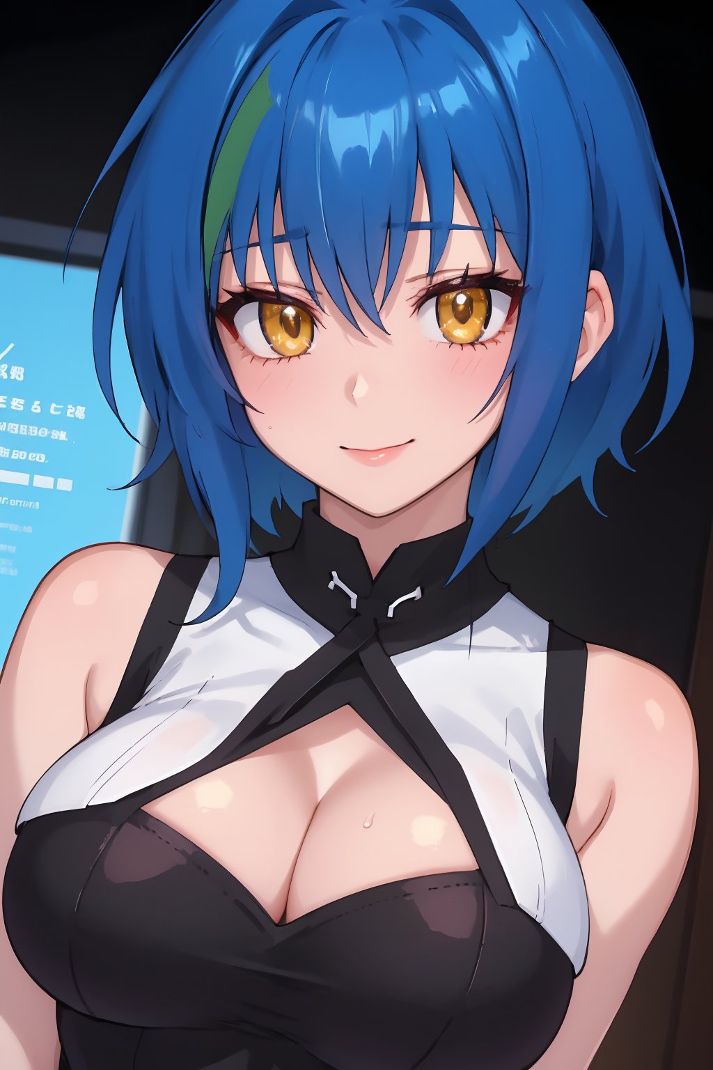 
Highly detailed.High Quality.Masterpiece. Beaitiful (close-up).

Young woman, 25 years old,tall, Similar to Xenovia, light skin and good physical condition. She has big chest. Her hair is bright blue, and short. She has big yellow eyes. She is wearing a blue sleeveless qipao shirt. She is alone but with a slight simile in her face,  in a dark room.