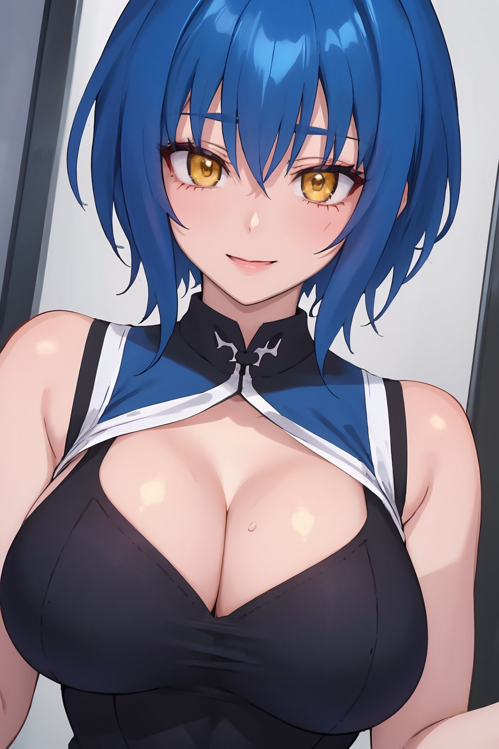 
Highly detailed.High Quality.Masterpiece. Beaitiful (close-up).

Young woman, 25 years old,tall, Similar to Xenovia, light skin and good physical condition. She has big chest. Her hair is bright blue, and short. She has big yellow eyes. She is wearing a blue sleeveless qipao shirt. She is alone but with a slight simile in her face,  in a dark room.