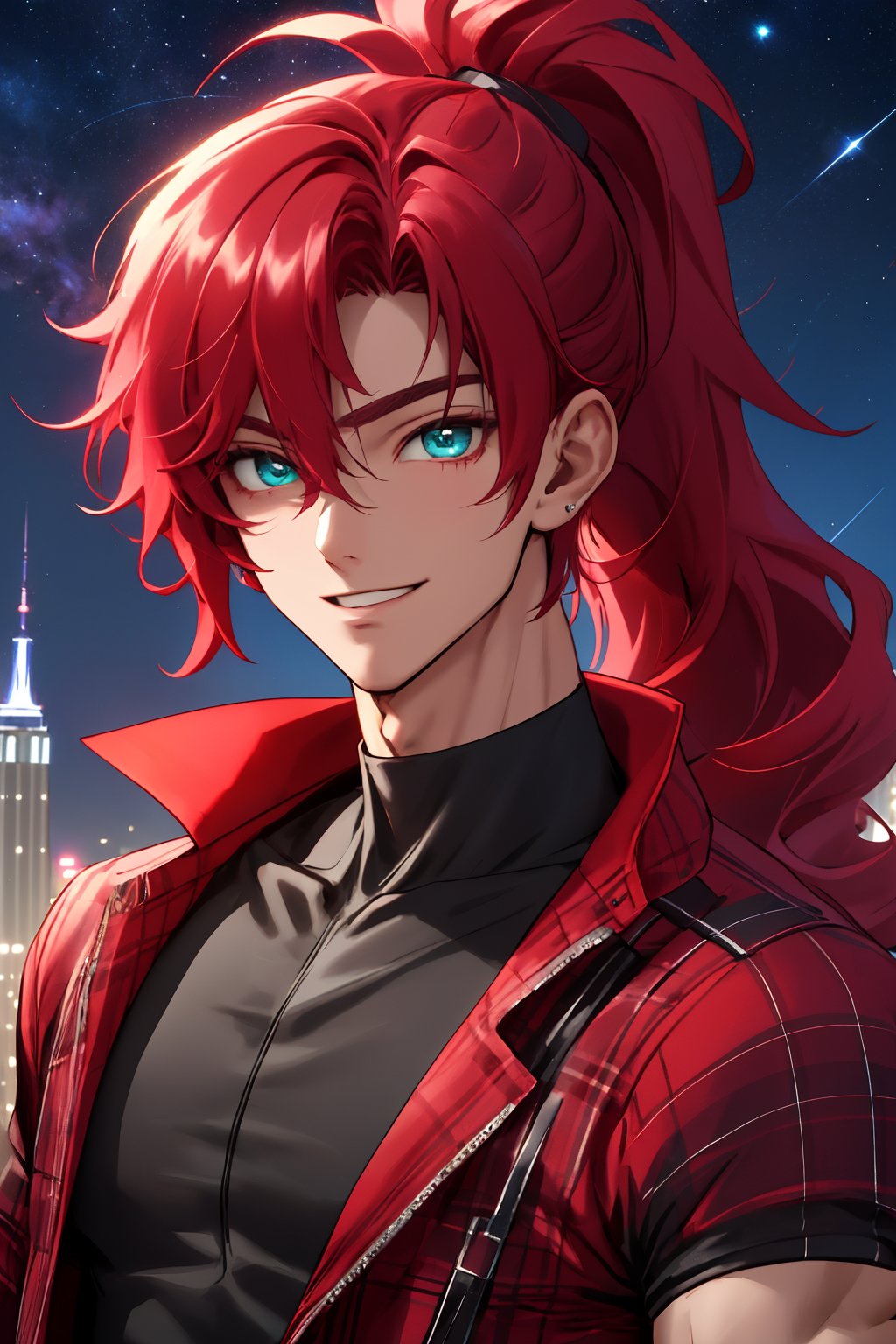 
Highly detailed.High Quality.Masterpiece. Beaitiful (close-up).

Young man of 25 years old, dark skin, tall and with a great physique (muscular). His hair is reddis-pink (redder), wavy, messy, short (very short), and a really small ponytail. It has big and turquoise color eyes. He has a red plaid jacket with some black details, red armbands, short Black t-shirt. He is alone, but with a slight smile on his face enjoying a beautiful starry sky (night) in Empire state. 