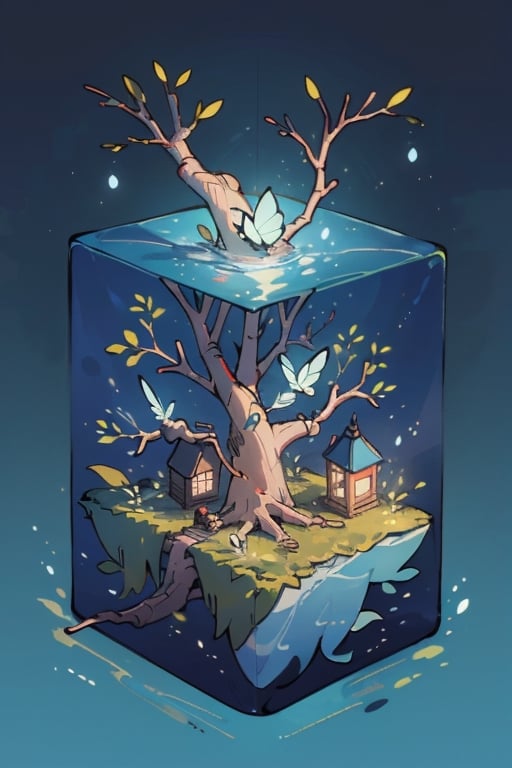 leafy tree in water cube, isometric, blue glowing background, firefliesfireflies