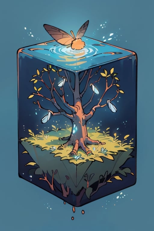 leafy tree in water cube, isometric, blue glowing background, firefliesfireflies