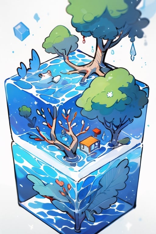 tree in water cube, isometric, white background