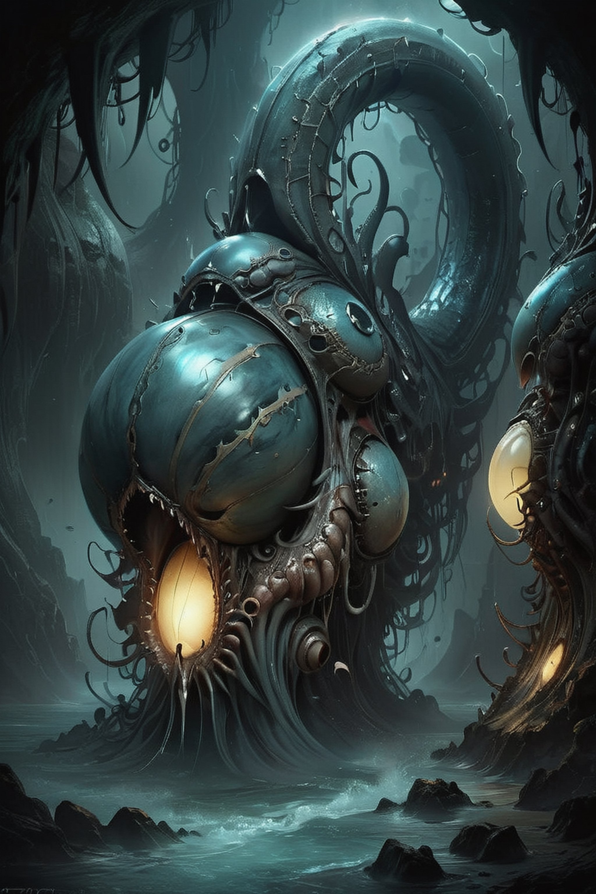 a digital composition wide shot,  art by hr giger,  repeating patterns of vertibrae and skeletal elements by CaptFantastic...