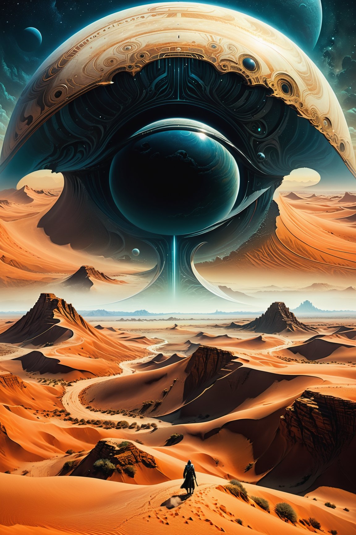 trippy book cover art work of Paul Artredes from Frank Herberts Dune Chronicals,  psychedelic theme black around zoomed ou...