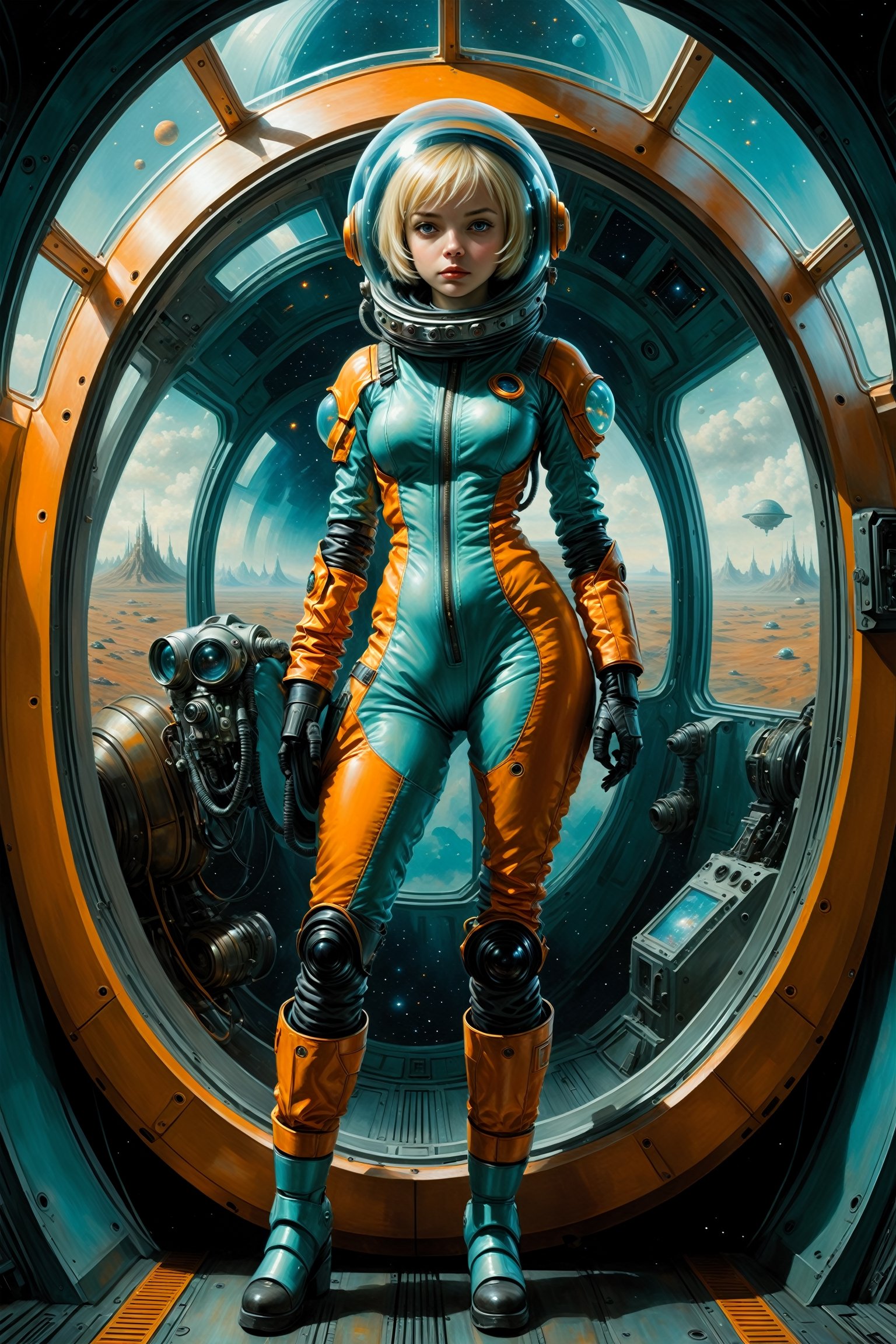 ((full_body)),  20yr old woman with short blonde hair,  breathtaking photorealistic photo of woman wearing an Aqua and Ora...