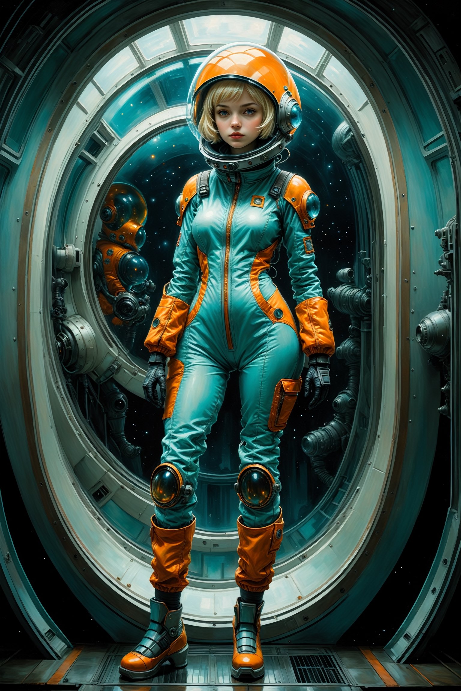 ((full_body)),  20yr old woman with short blonde hair,  breathtaking photorealistic photo of woman wearing an Aqua and Ora...