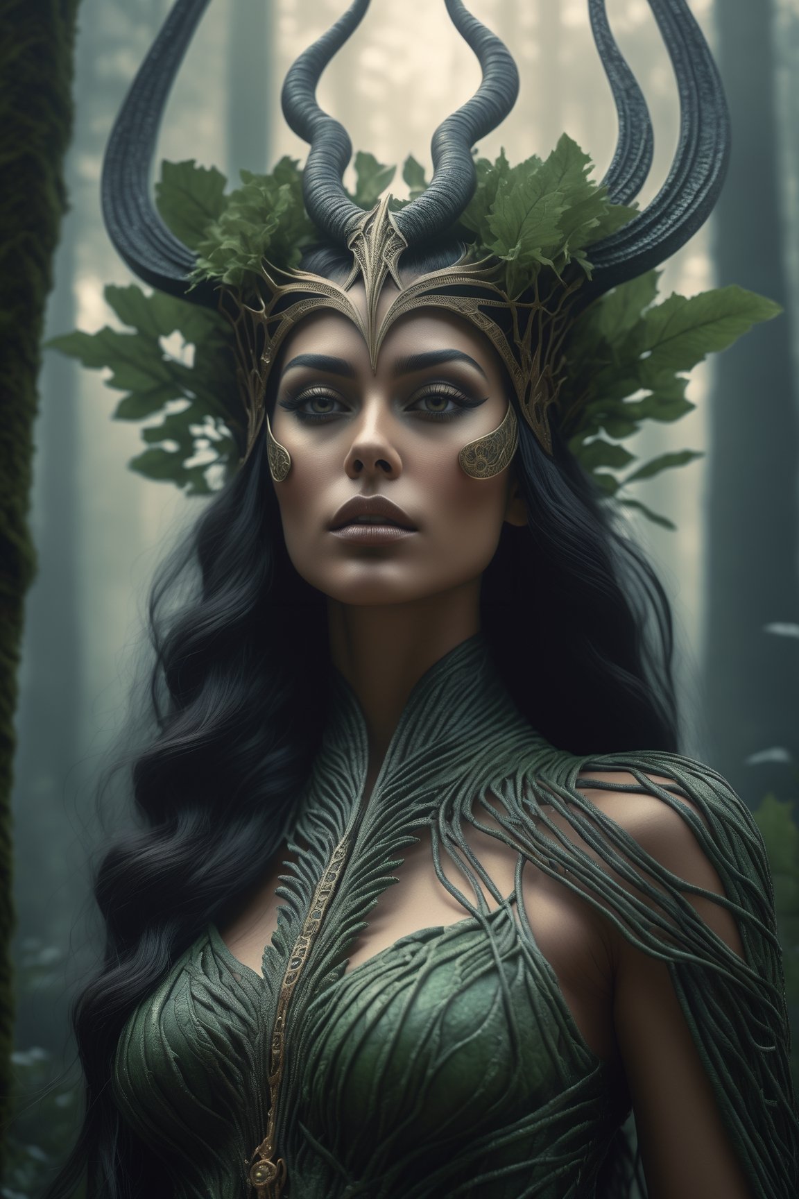 Midjourney style, ultrarealistic, a beautiful dryad woman through a misty forest, (many trees)  perfect detailed face, detailed symmetric circular iris, Peaky Blinders aesthetic, realistic, 3d render, octane render, intricately detailed, cinematic, trending on artstation, Isometric, Centered hypereallistic cover photo, awesome full color, hand drawn, dark, gritty, mucha, klimt, erte 12k, hight definition, cinematic, neoprene, behance contest winner, portrait featured on unsplash, stylized digital art, smooth, ultra high definition, 8k, unreal engine 5, ultra sharp focus, intricate artwork masterpiece, ominous, epic,trending on artstation, by artgerm, h. r. giger and beksinski, highly detailed, vibrant