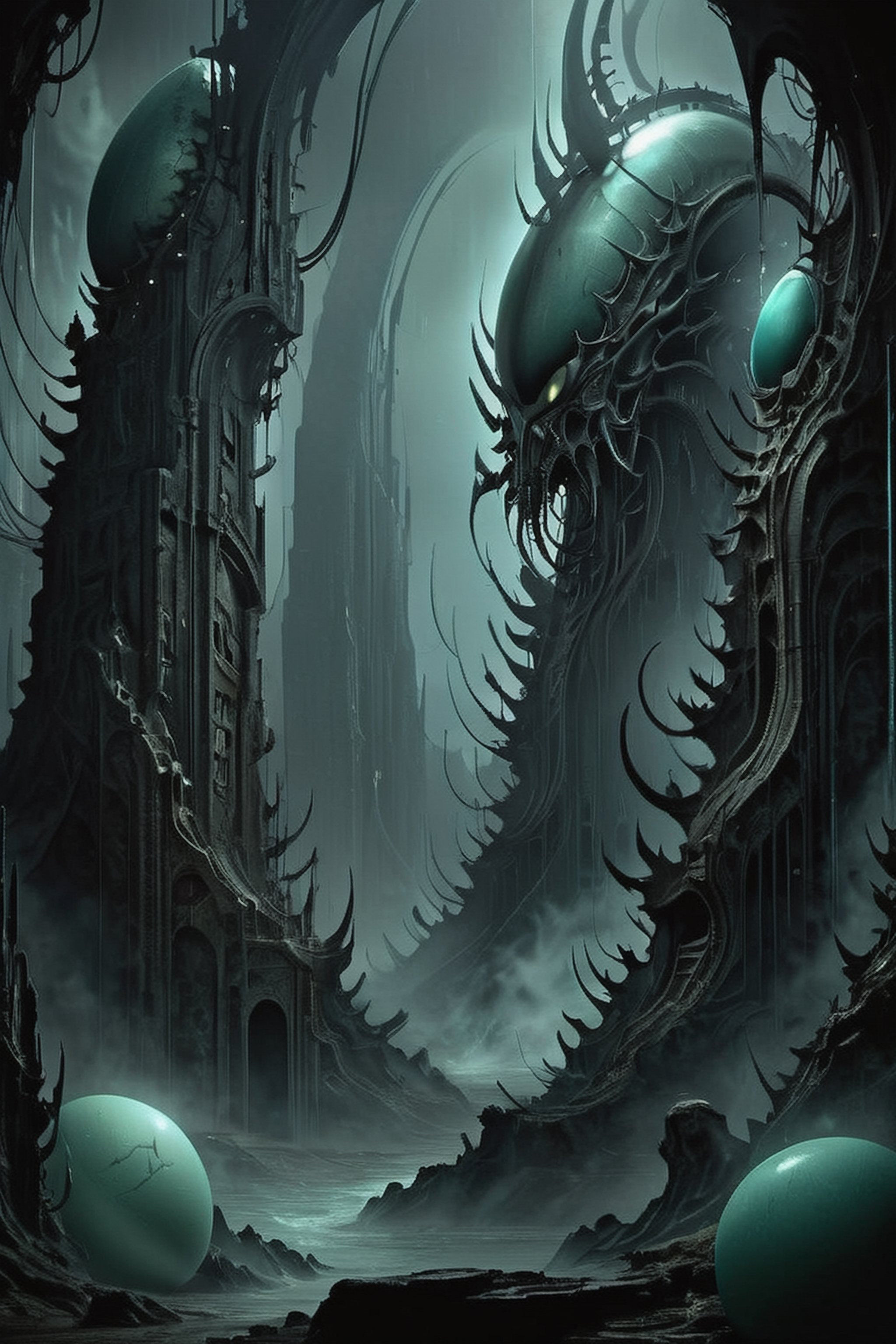 a digital composition wide shot,  art by hr giger,  a masterpiece by CaptFantastic on Tensor.Art