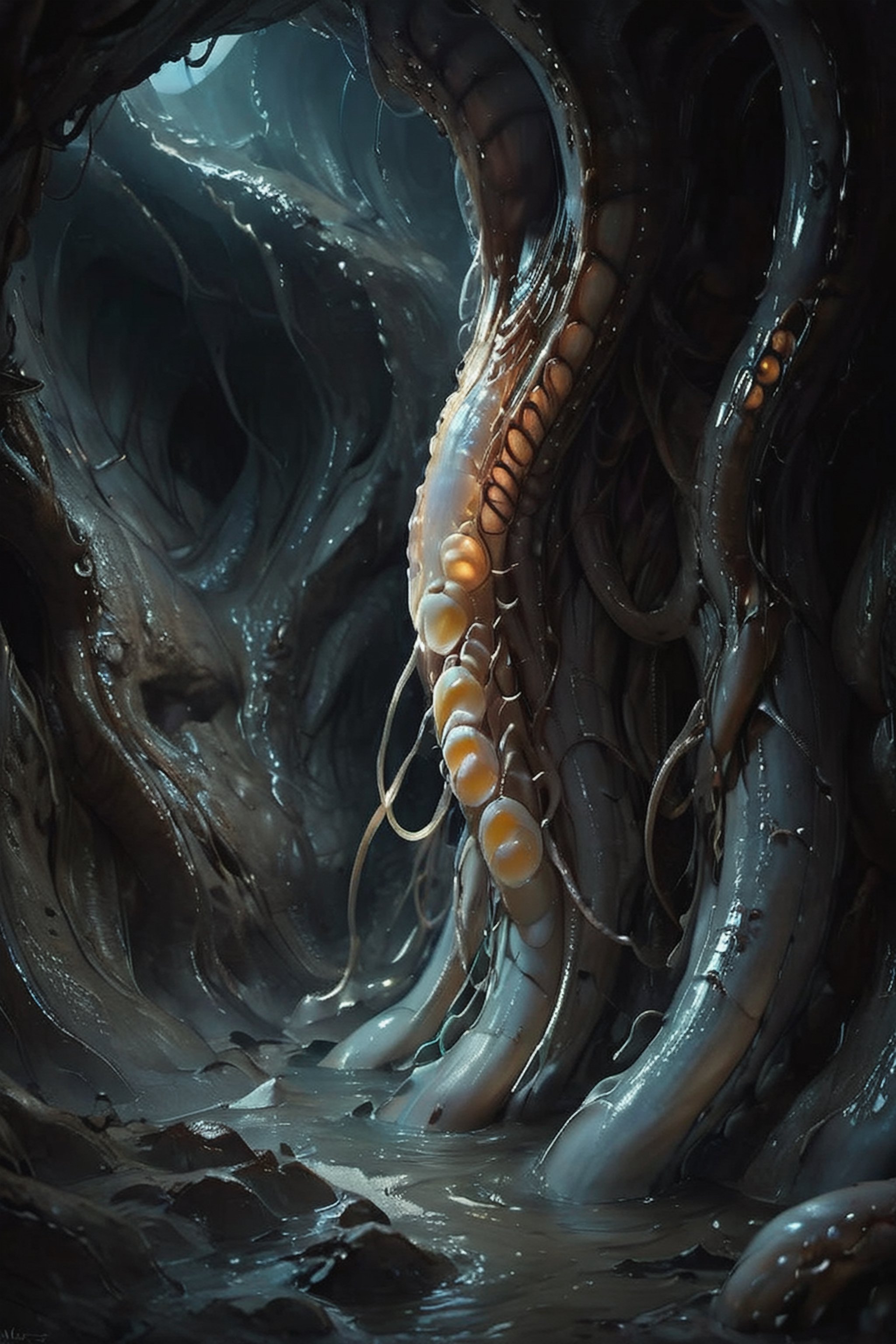 a digital composition wide shot,  art by hr giger,  a masterpiece by CaptFantastic on Tensor.Art