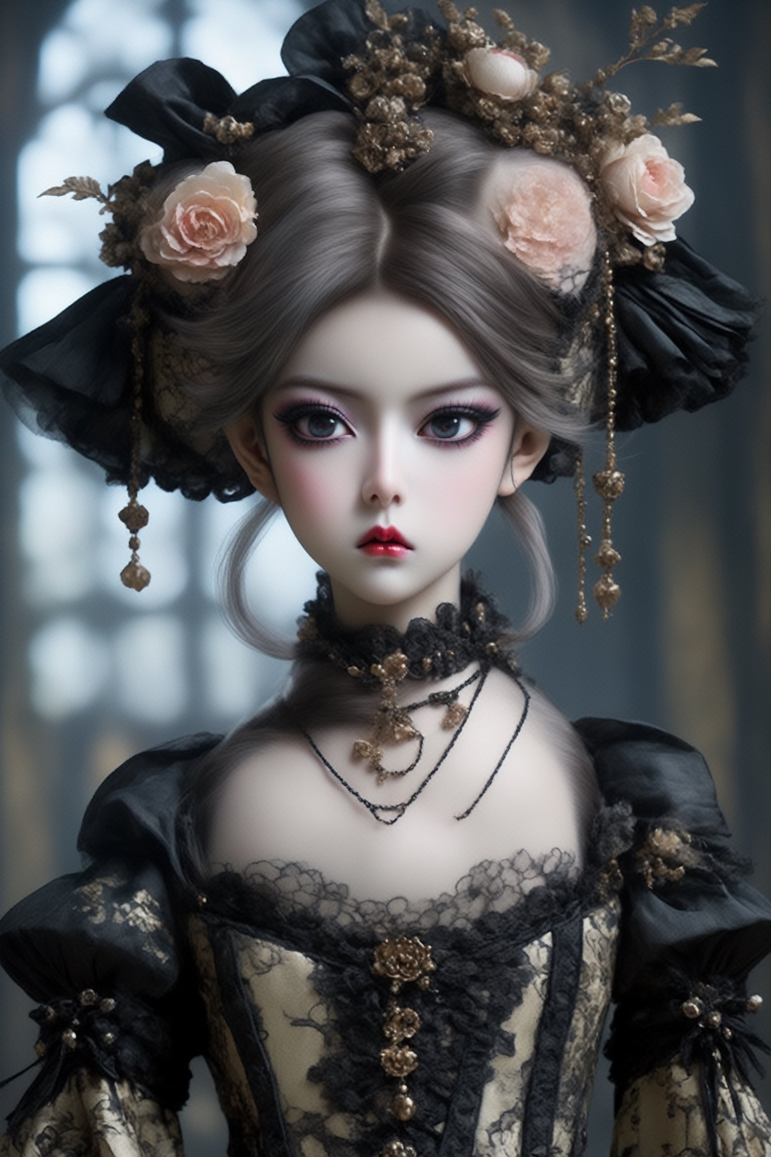 A captivating fantasy portrait of a beautiful android girl,  fusion of Japanese-inspired Gothic punk and rococo style fash...