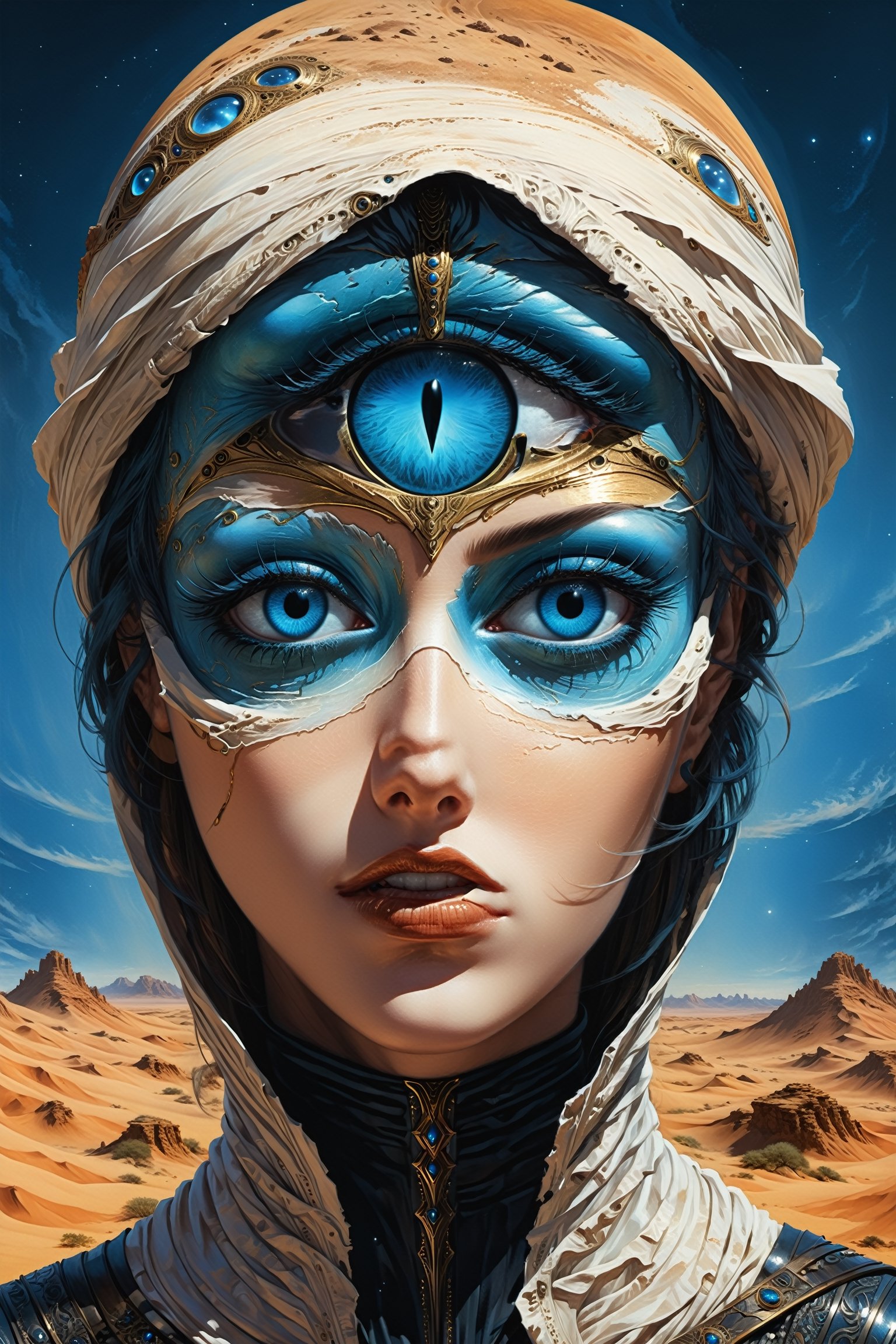 trippy book cover art work of beautiful Chani from Frank Herberts Dune Chronicals,  blue eyes with blue sclera,  Fremen by...