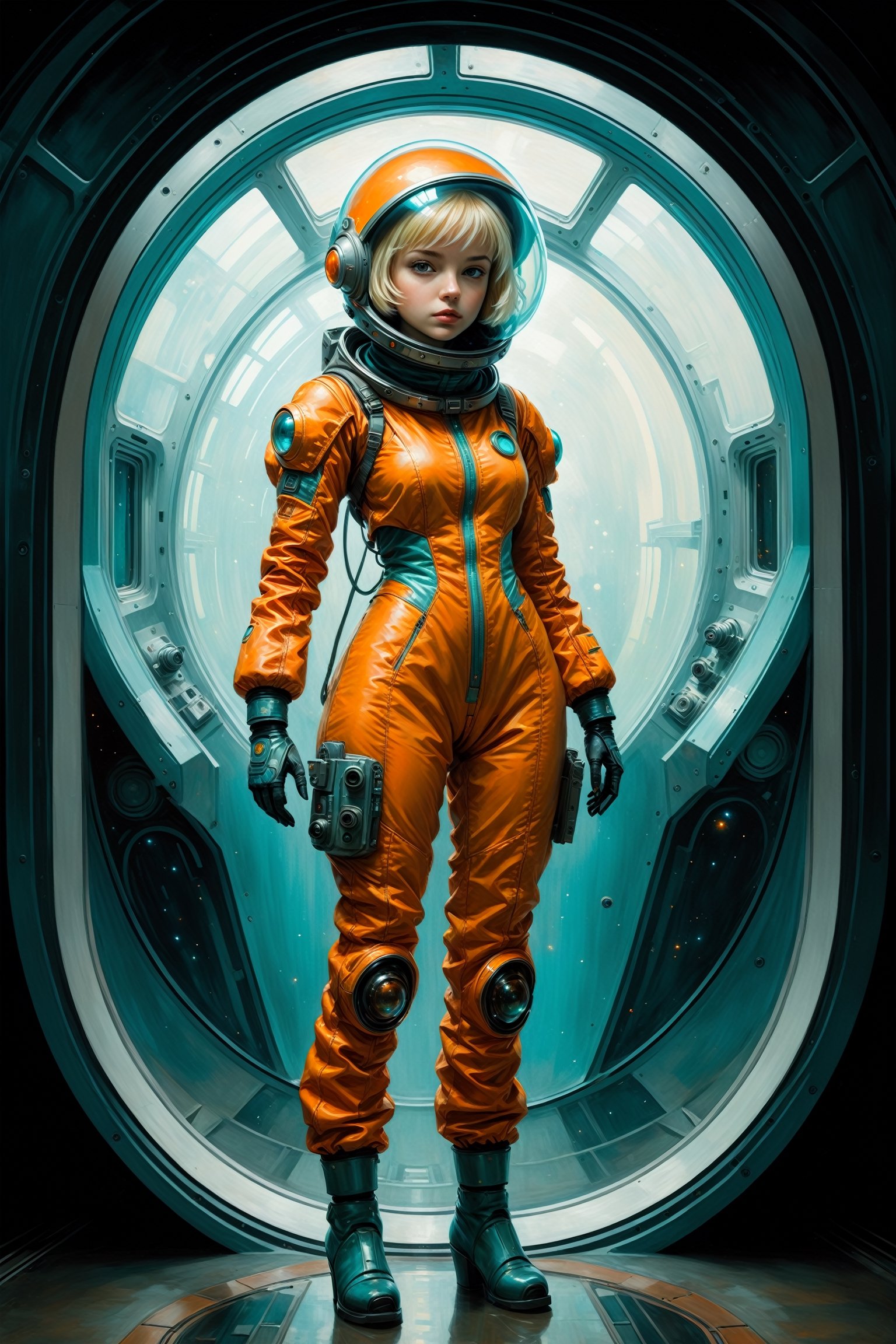 ((full_body)),  20yr old woman with short blonde hair,  breathtaking photorealistic photo of woman wearing an Aqua and Ora...