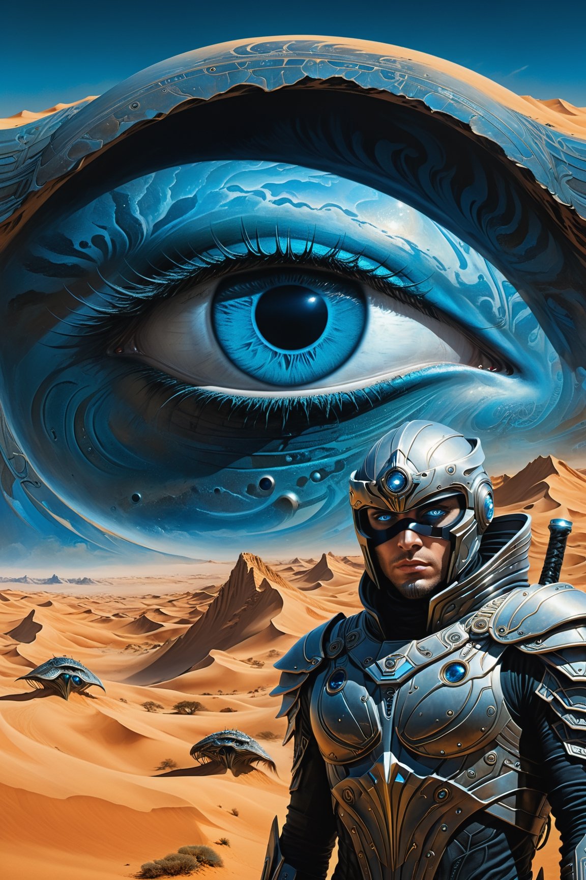 trippy book cover art work of Paul Artredes from Frank Herberts Dune Chronicals,  psychedelic theme black around zoomed ou...