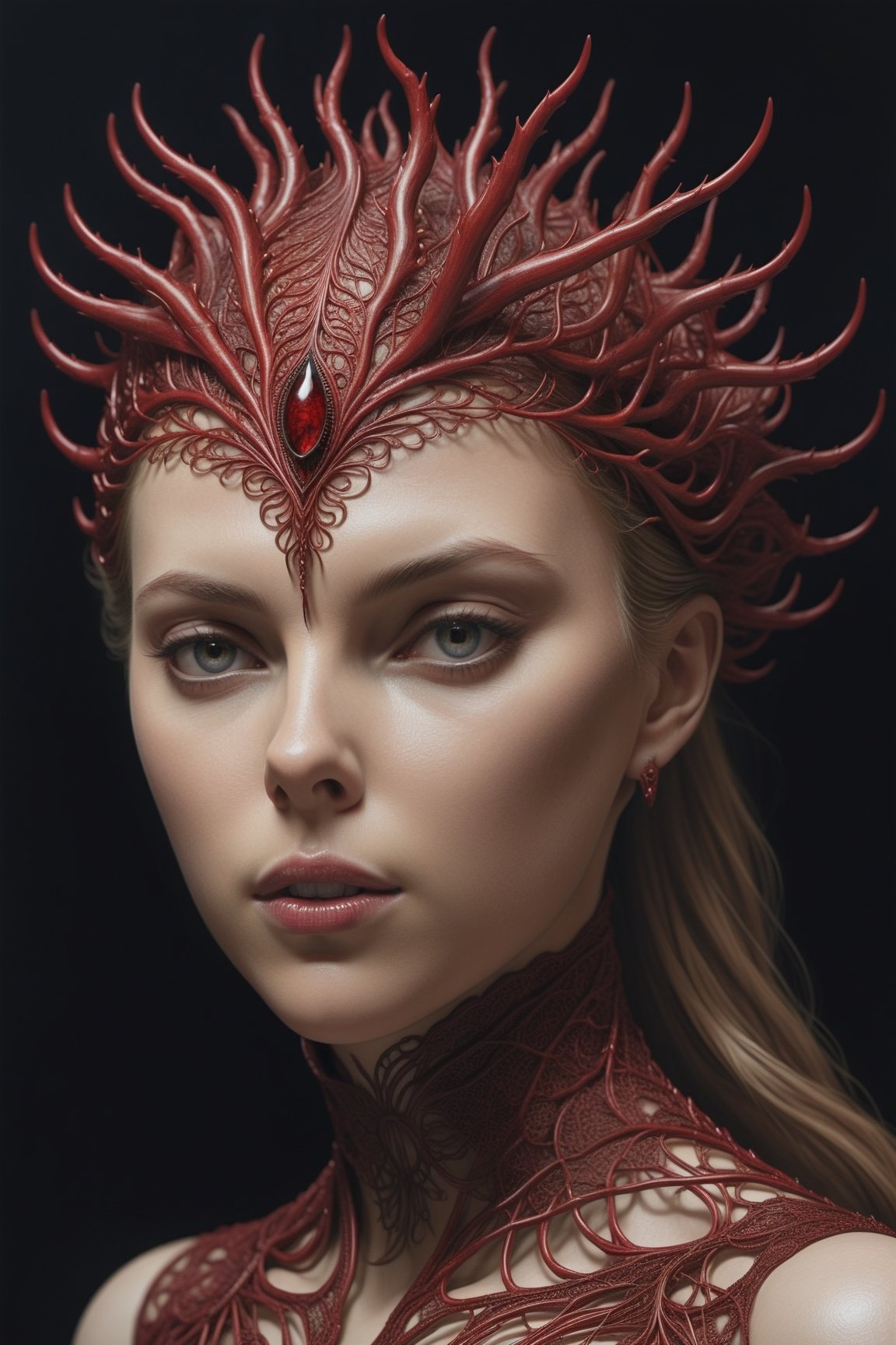 etailed realistic piero deep red neuron face portrait by jean delville, gustave dore, iris van herpen and marco mazzoni, art forms of nature by ernst haeckel, art nouveau, symbolist, visionary, gothic, neo - gothic, pre - raphaelite, fractal lace, intricate alien botanicals, biodiversity, surreality, hyperdetailed ultrasharp octane render,more detail XL,scarlett johansson