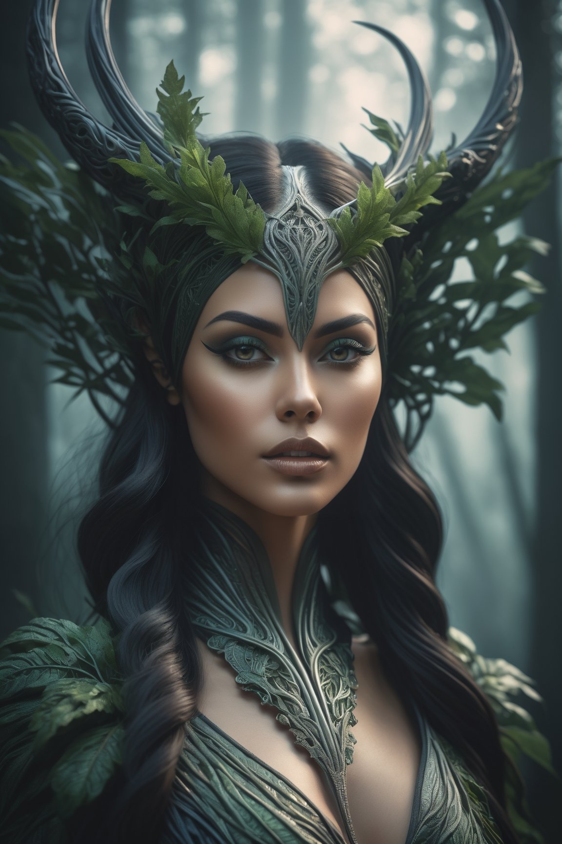 Midjourney style, ultrarealistic, a beautiful dryad woman through a misty forest, (many trees), {{above the knee}},  perfect detailed face, detailed symmetric circular iris, Peaky Blinders aesthetic, realistic, 3d render, octane render, intricately detailed, cinematic, trending on artstation, Isometric, Centered hypereallistic cover photo, awesome full color, hand drawn, dark, gritty, mucha, klimt, erte 12k, hight definition, cinematic, neoprene, behance contest winner, portrait featured on unsplash, stylized digital art, smooth, ultra high definition, 8k, unreal engine 5, ultra sharp focus, intricate artwork masterpiece, ominous, epic,trending on artstation, by artgerm, h. r. giger and beksinski, highly detailed, vibrant