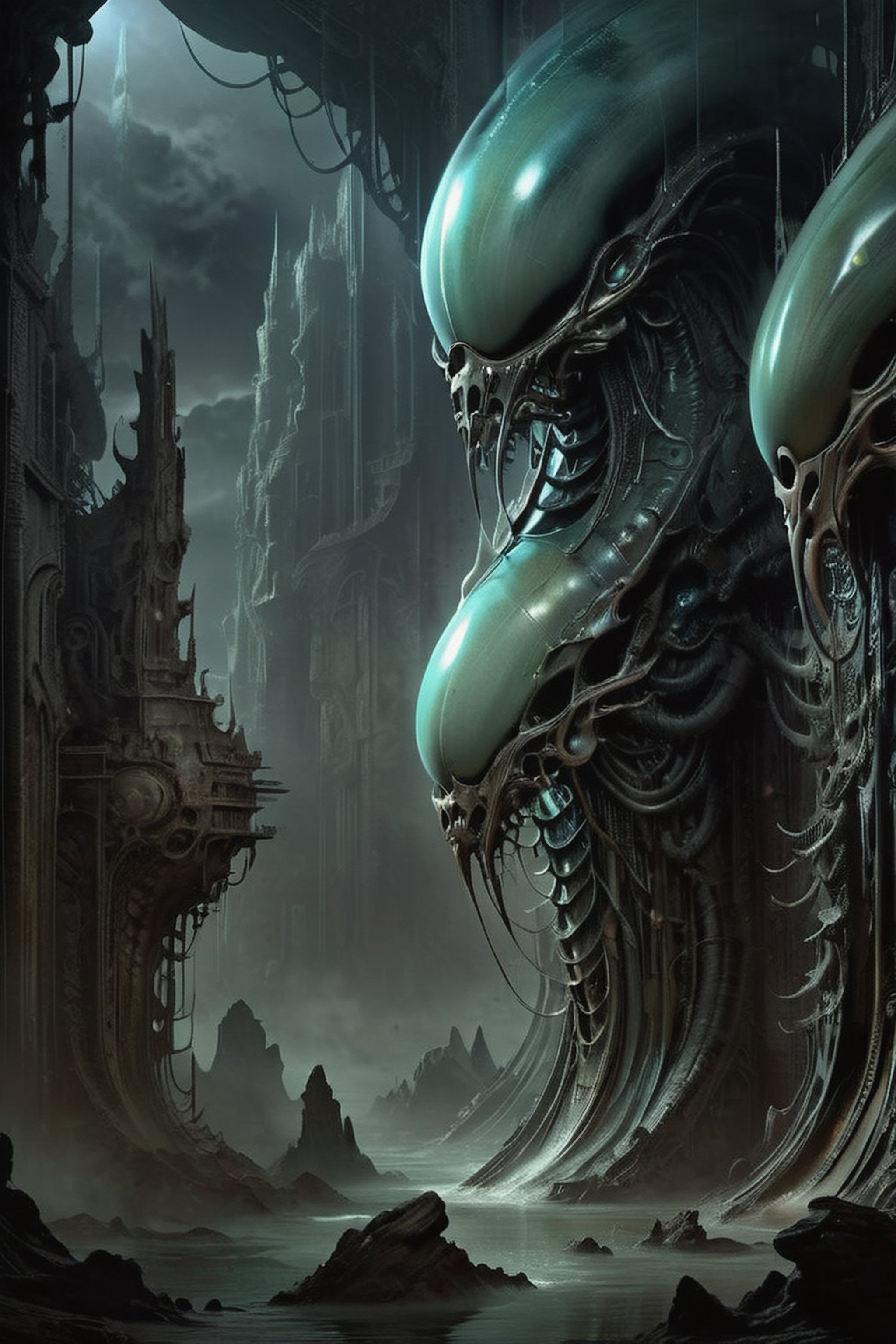 a digital composition wide shot,  art by hr giger,  a masterpiece by CaptFantastic on Tensor.Art