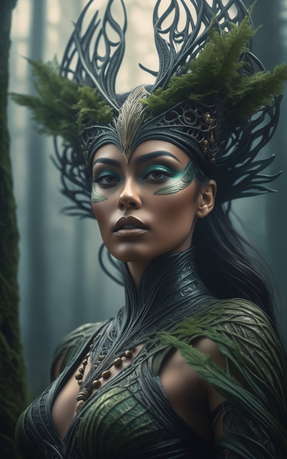 Midjourney style, ultrarealistic, a beautiful dryad woman through a misty forest, (many trees)  perfect detailed face, detailed symmetric circular iris, Peaky Blinders aesthetic, realistic, 3d render, octane render, intricately detailed, cinematic, trending on artstation, Isometric, Centered hypereallistic cover photo, awesome full color, hand drawn, dark, gritty, mucha, klimt, erte 12k, hight definition, cinematic, neoprene, behance contest winner, portrait featured on unsplash, stylized digital art, smooth, ultra high definition, 8k, unreal engine 5, ultra sharp focus, intricate artwork masterpiece, ominous, epic,trending on artstation, by artgerm, h. r. giger and beksinski, highly detailed, vibrant