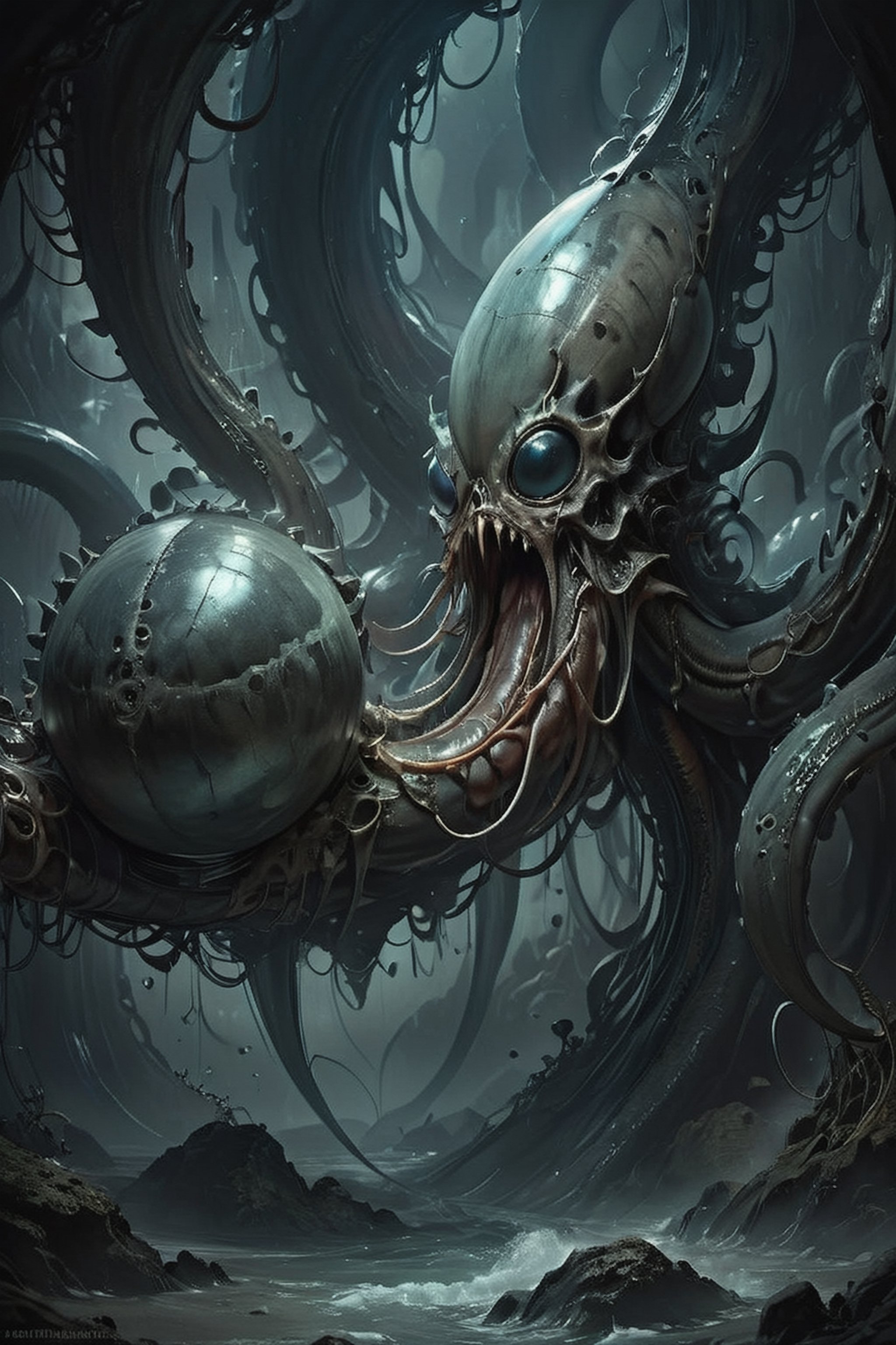 a digital composition wide shot,  art by hr giger,  repeating patterns of vertibrae and skeletal elements by CaptFantastic...
