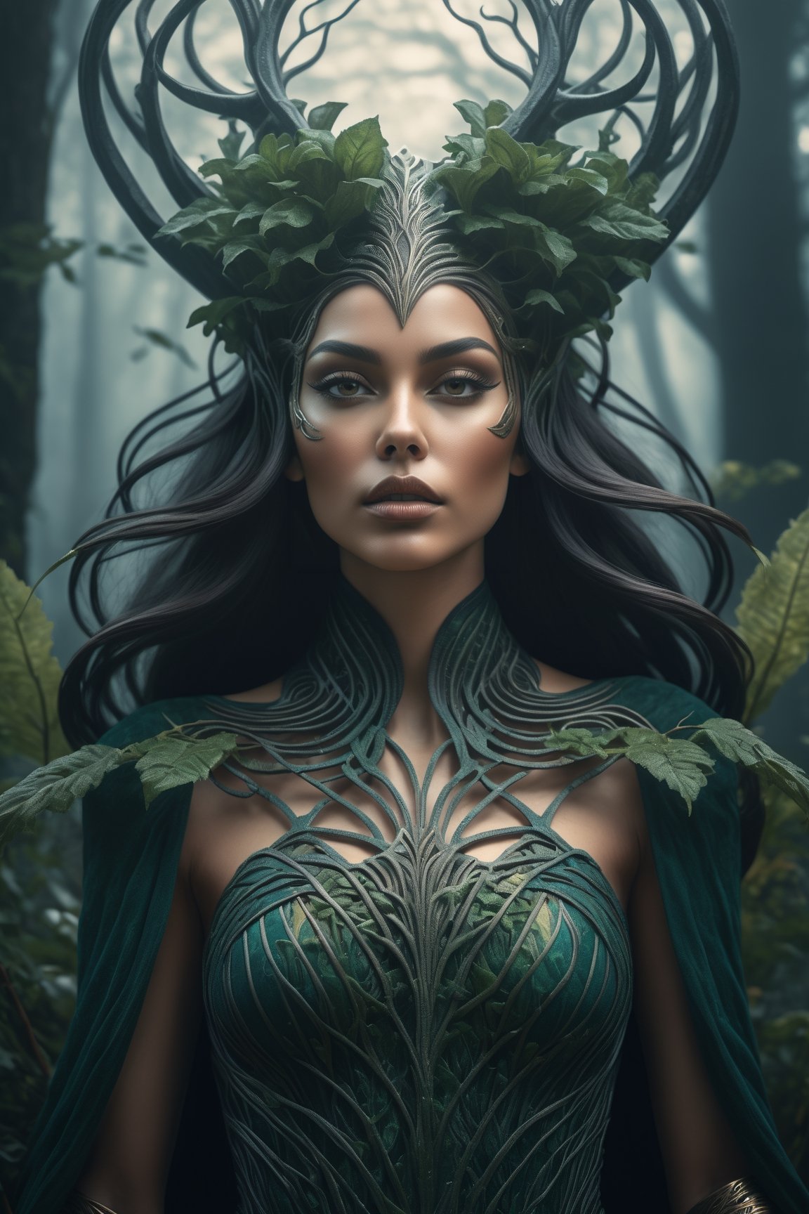 Midjourney style, ultrarealistic, a beautiful dryad woman through a misty forest, (many trees), {{above the knee}},,  perfect detailed face, detailed symmetric circular iris, Peaky Blinders aesthetic, realistic, 3d render, octane render, intricately detailed, cinematic, trending on artstation, Isometric, Centered hypereallistic cover photo, awesome full color, hand drawn, dark, gritty, mucha, klimt, erte 12k, hight definition, cinematic, neoprene, behance contest winner, portrait featured on unsplash, stylized digital art, smooth, ultra high definition, 8k, unreal engine 5, ultra sharp focus, intricate artwork masterpiece, ominous, epic,trending on artstation, by artgerm, h. r. giger and beksinski, highly detailed, vibrant