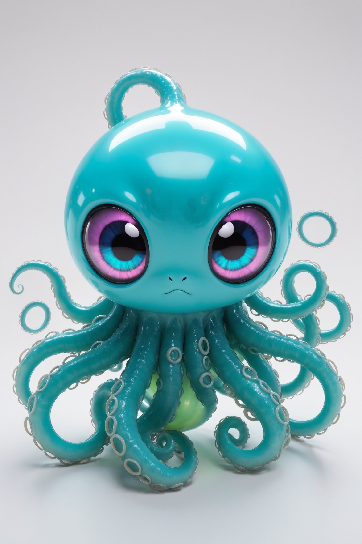 A cute alien creature with a mass of writhing tentacles, large glass reflective eyes, plain background, 3d_model, cinematic lighting, rim lighting, kawaii, pokemon, t-shirt character, white background, bioluminiscence, chromatophore
