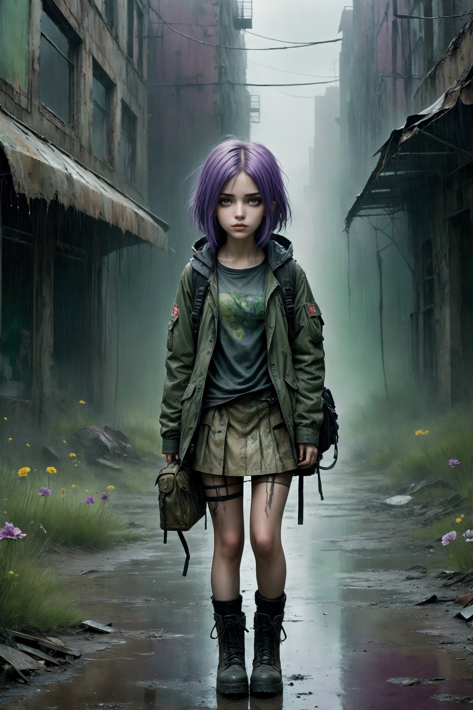 A lonely girl walks in a nuclear wasteland in the pouring rain. Wearing a micro torn schoolgirl miniskirt, {{croptop}} and long military parka, showing lots of thigh, combat boots, carrying a rucksack. {{wet t-shirt clings to her perfect breasts}}, purple and green multi-color hair, smudged eye makeup. The once thriving city now lies in ruins, with crumbling buildings and abandoned vehicles scattered amidst the desolation. Nature has started to reclaim the territory, with ((Flowers growing through cracks in the concrete)). The atmosphere is eerie, with a sense of loneliness and despair hanging in the air. The scene is bathed in a dark and moody light, emphasizing the post-apocalyptic setting. The girl's expression reflects her loneliness and the weight of the world she carries on her shoulders. The colors are muted, with a desaturated and faded palette, further enhancing the desolate mood of the scene., Comic Book-Style 2d,goth person