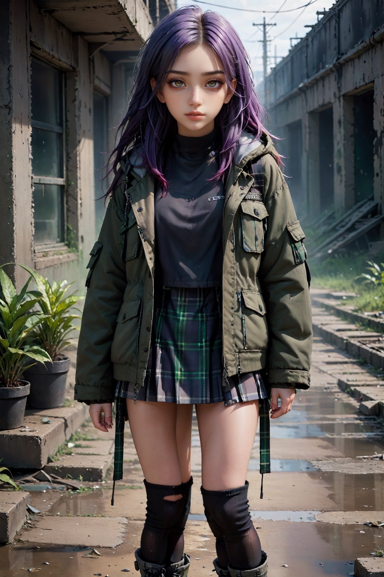 {{close-up portrait}}, A lonely 18yr old girl in a nuclear wasteland. Wearing a grey fraid and torn micro plaid schoolgirl miniskirt, {{croptop}} and long military parka, showing lots of thigh, combat boots. dark purple and green multi-color hair in pigtails, smudged dark gothic eye makeup. The once thriving city now lies in ruins, with crumbling buildings and abandoned vehicles scattered amidst the desolation. Nature has started to reclaim the territory, with ((plants growing through cracks in the concrete)). The atmosphere is eerie, with a sense of loneliness and despair hanging in the air. The scene is bathed in a dark and moody light, emphasizing the post-apocalyptic setting. The girl's expression reflects her loneliness and the weight of the world she carries on her shoulders. The colors are muted, with a desaturated and faded palette, further enhancing the desolate mood of the scene.,EGirlMakeup, eyeliner, eyeshadow