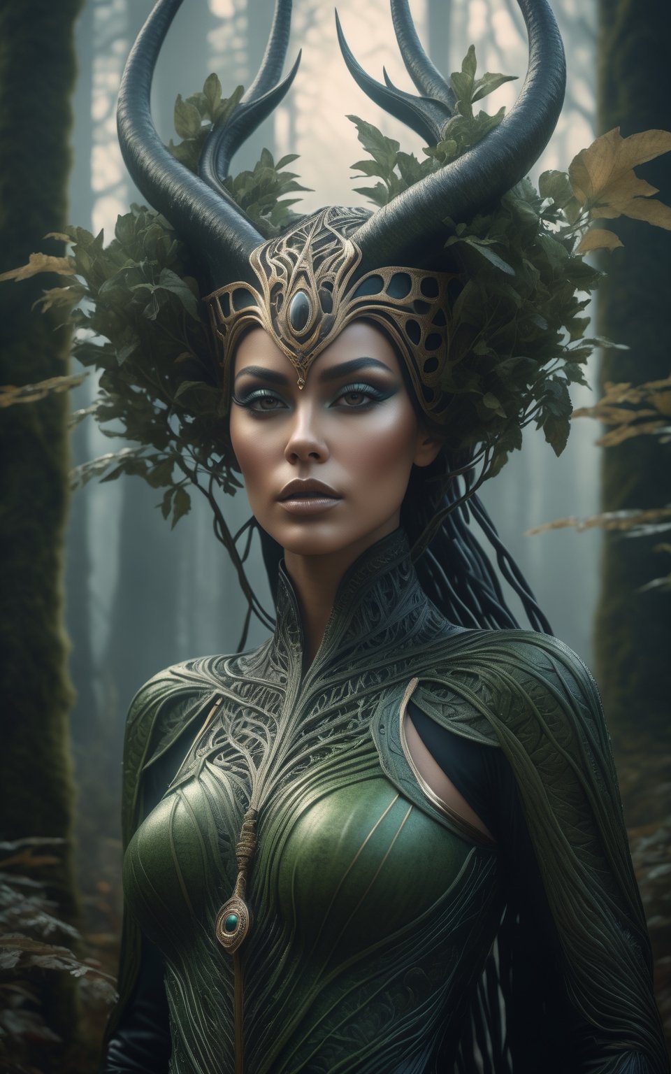 Midjourney style, ultrarealistic, a beautiful dryad woman through a misty forest, (many trees)  perfect detailed face, detailed symmetric circular iris, Peaky Blinders aesthetic, realistic, 3d render, octane render, intricately detailed, cinematic, trending on artstation, Isometric, Centered hypereallistic cover photo, awesome full color, hand drawn, dark, gritty, mucha, klimt, erte 12k, hight definition, cinematic, neoprene, behance contest winner, portrait featured on unsplash, stylized digital art, smooth, ultra high definition, 8k, unreal engine 5, ultra sharp focus, intricate artwork masterpiece, ominous, epic,trending on artstation, by artgerm, h. r. giger and beksinski, highly detailed, vibrant