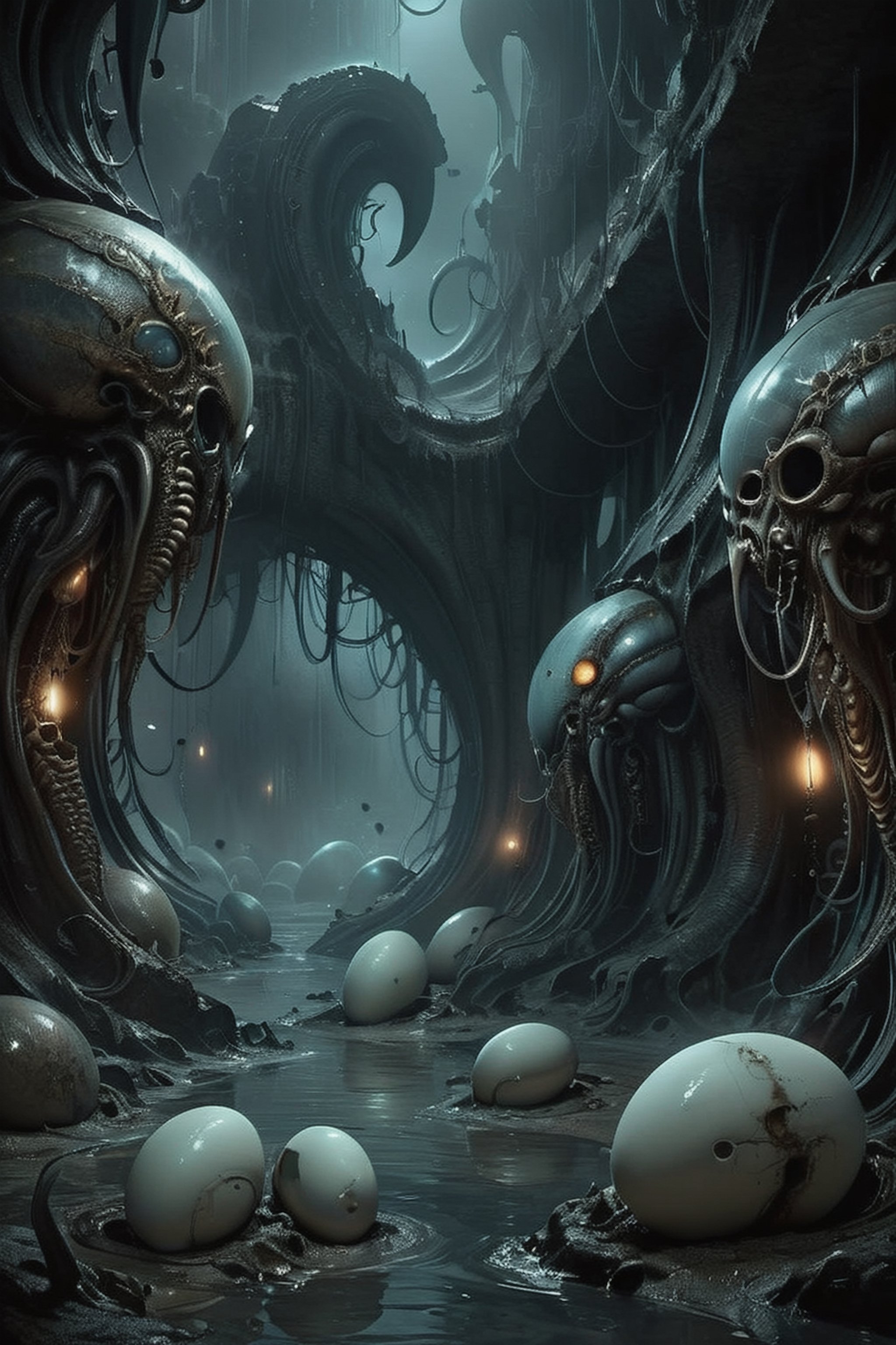 a digital composition wide shot,  art by hr giger,  repeating patterns of vertibrae and skeletal elements by CaptFantastic...