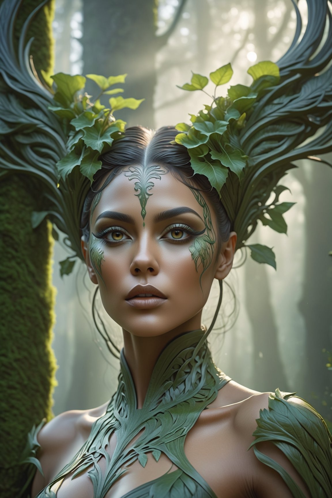 Midjourney style, ultrarealistic, a beautiful dryad woman through a misty forest, (many trees), {{above_knees_body}},  perfect detailed face, detailed symmetric circular iris, Peaky Blinders aesthetic, realistic, 3d render, octane render, intricately detailed, cinematic, trending on artstation, Isometric, Centered hypereallistic cover photo, awesome full color, hand drawn, dark, gritty, mucha, klimt, erte 12k, hight definition, cinematic, neoprene, behance contest winner, portrait featured on unsplash, stylized digital art, smooth, ultra high definition, 8k, unreal engine 5, ultra sharp focus, intricate artwork masterpiece, ominous, epic,trending on artstation, by artgerm, h. r. giger and beksinski, highly detailed, vibrant