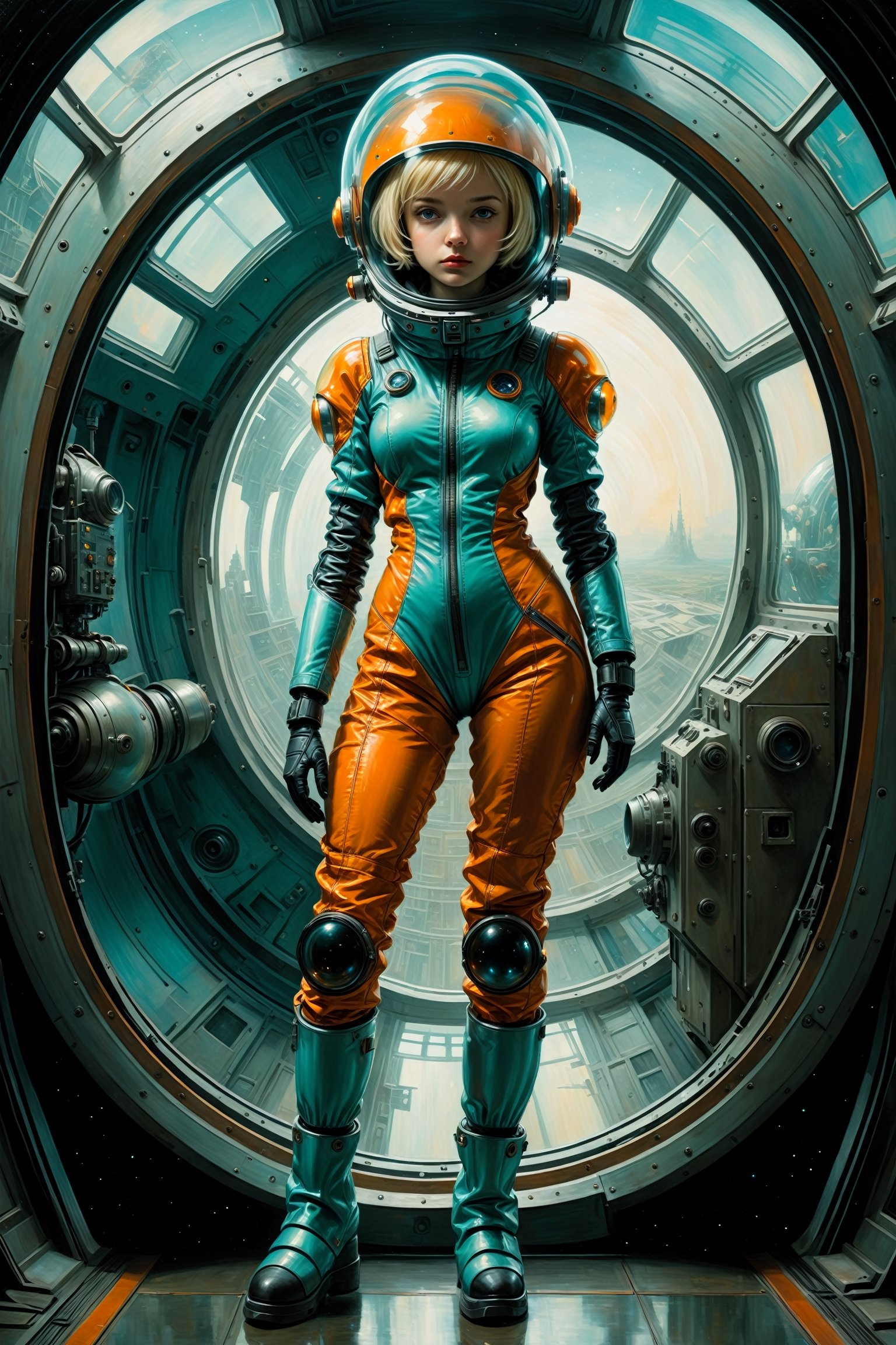 ((full_body)),  20yr old woman with short blonde hair,  breathtaking photorealistic photo of woman wearing an Aqua and Ora...