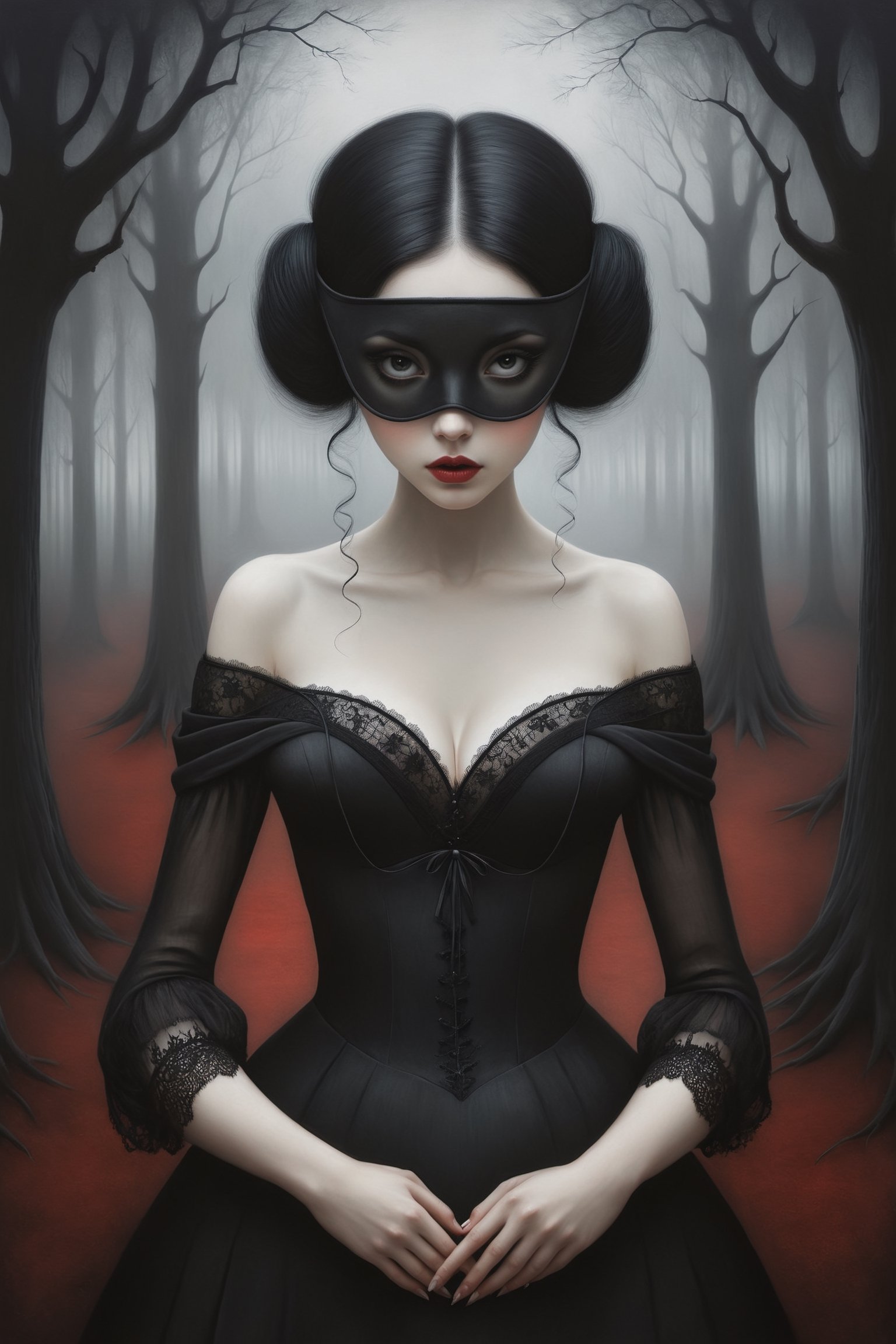 Painting in art style of Nicoletta Ceccoli, Daria Petrilli and Anton Semenov, minimalist style. Painting of a beautiful girl with black rococo style hair, in a dark sinister forest. closeup, large breasts cleavage, off the shoulder long black sheer dress with lace detail, feeling of forboding, creepy, eerie, goth person, Lace Blindfold