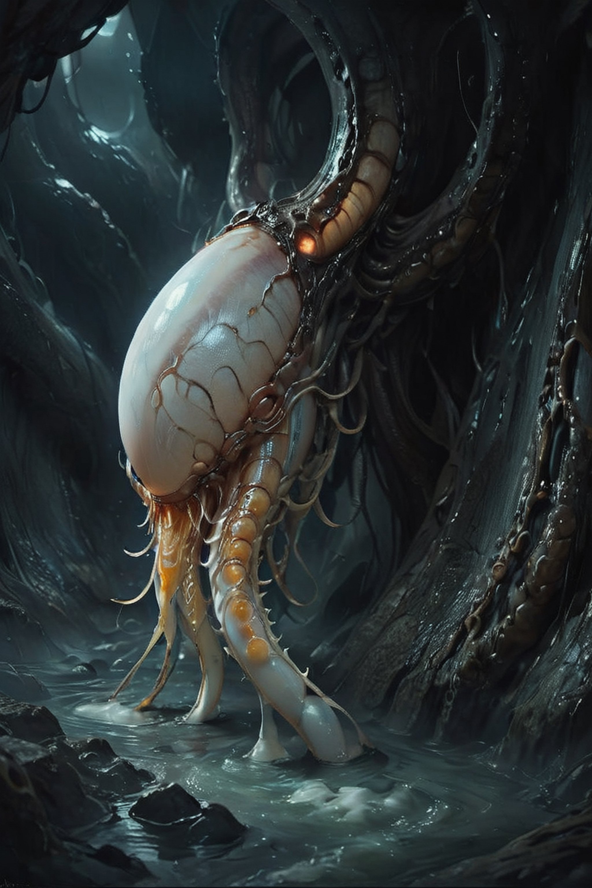 a digital composition wide shot,  art by hr giger,  a masterpiece by CaptFantastic on Tensor.Art
