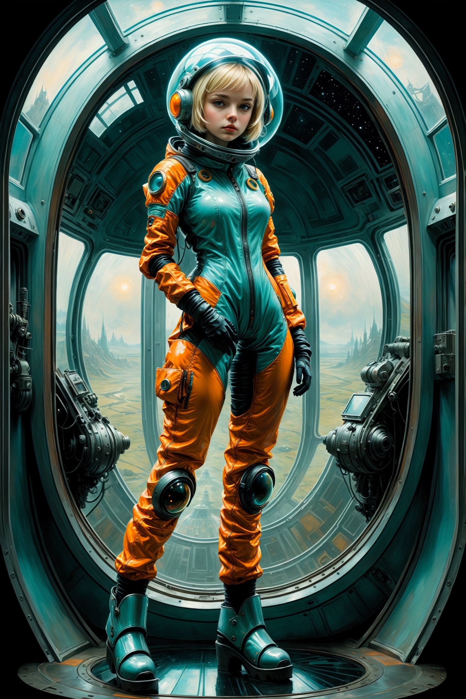 ((full_body)),  20yr old woman with short blonde hair,  breathtaking photorealistic photo of woman wearing an Aqua and Ora...
